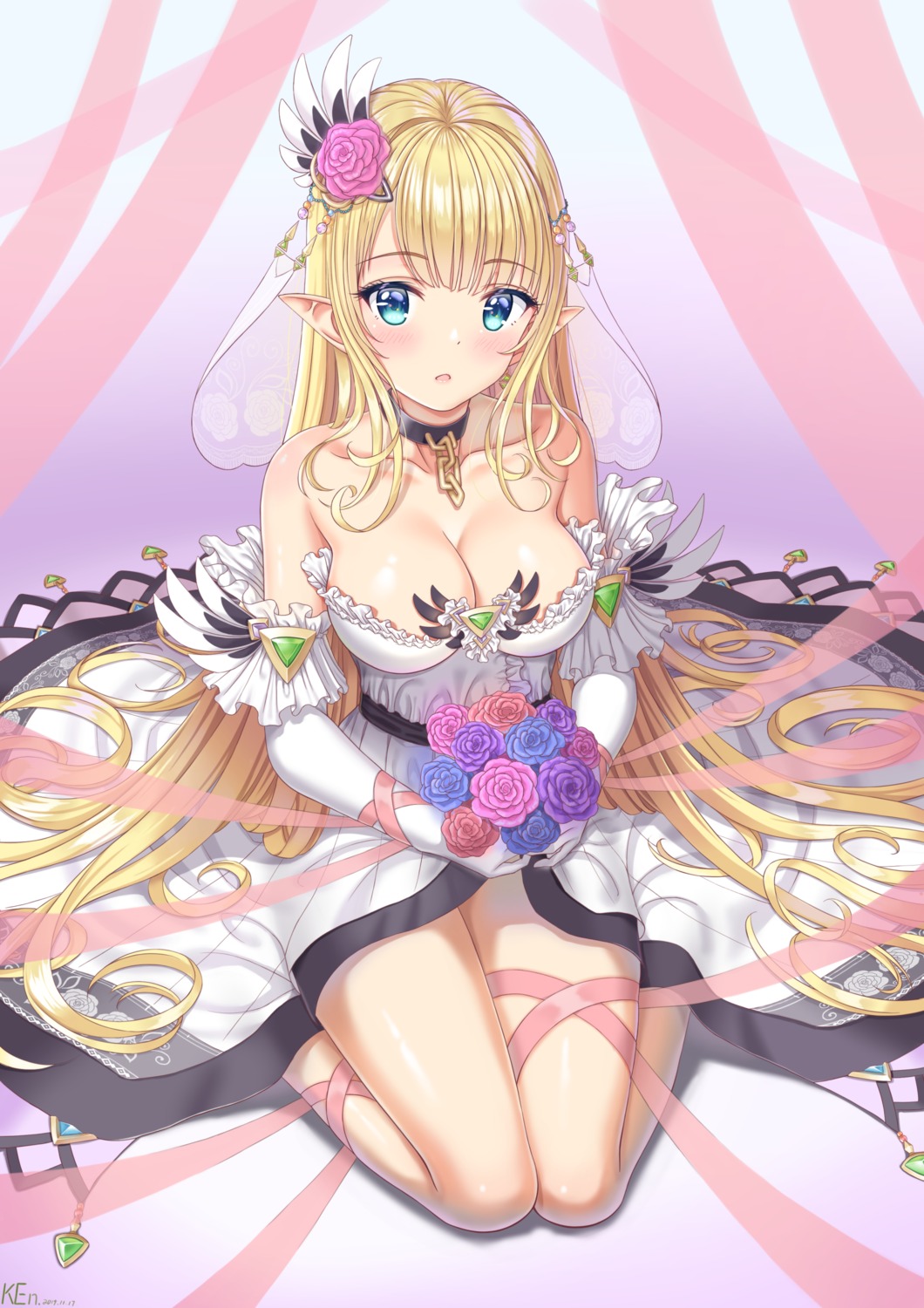 dress elf ken-san no_bra pointy_ears wedding_dress