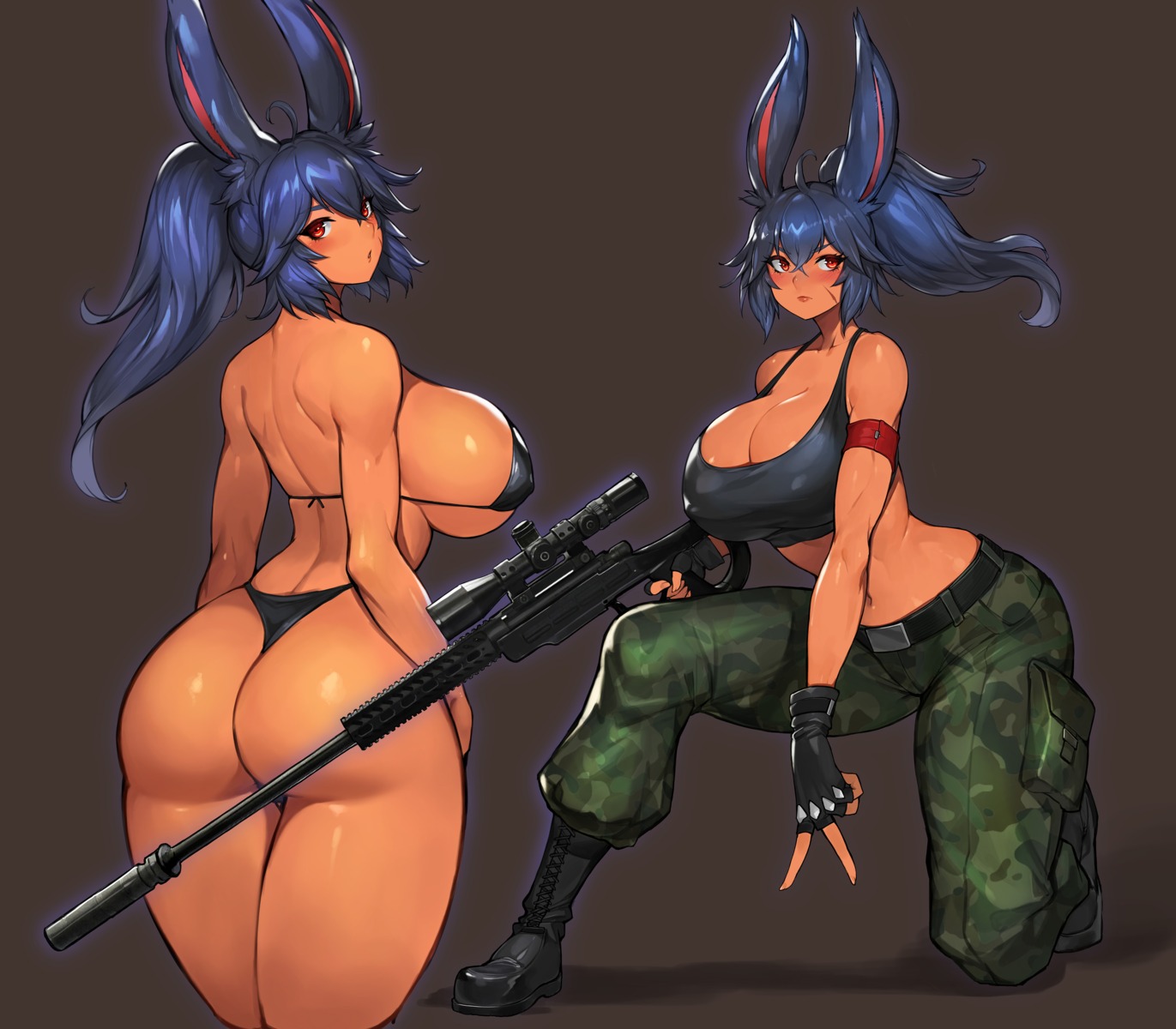 animal_ears ass bikini bunny_ears cosplay erect_nipples gun gurimjang king_of_fighters leona_heidern no_bra swimsuits thong uniform