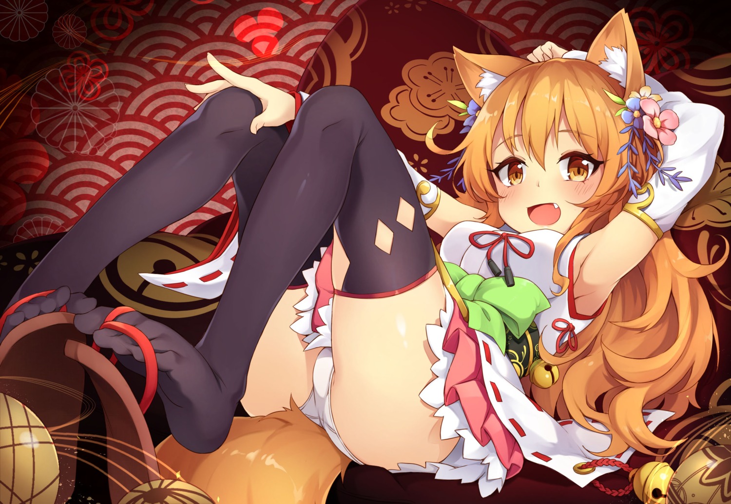 3.14 animal_ears feet japanese_clothes pantsu shironeko_project tail thighhighs