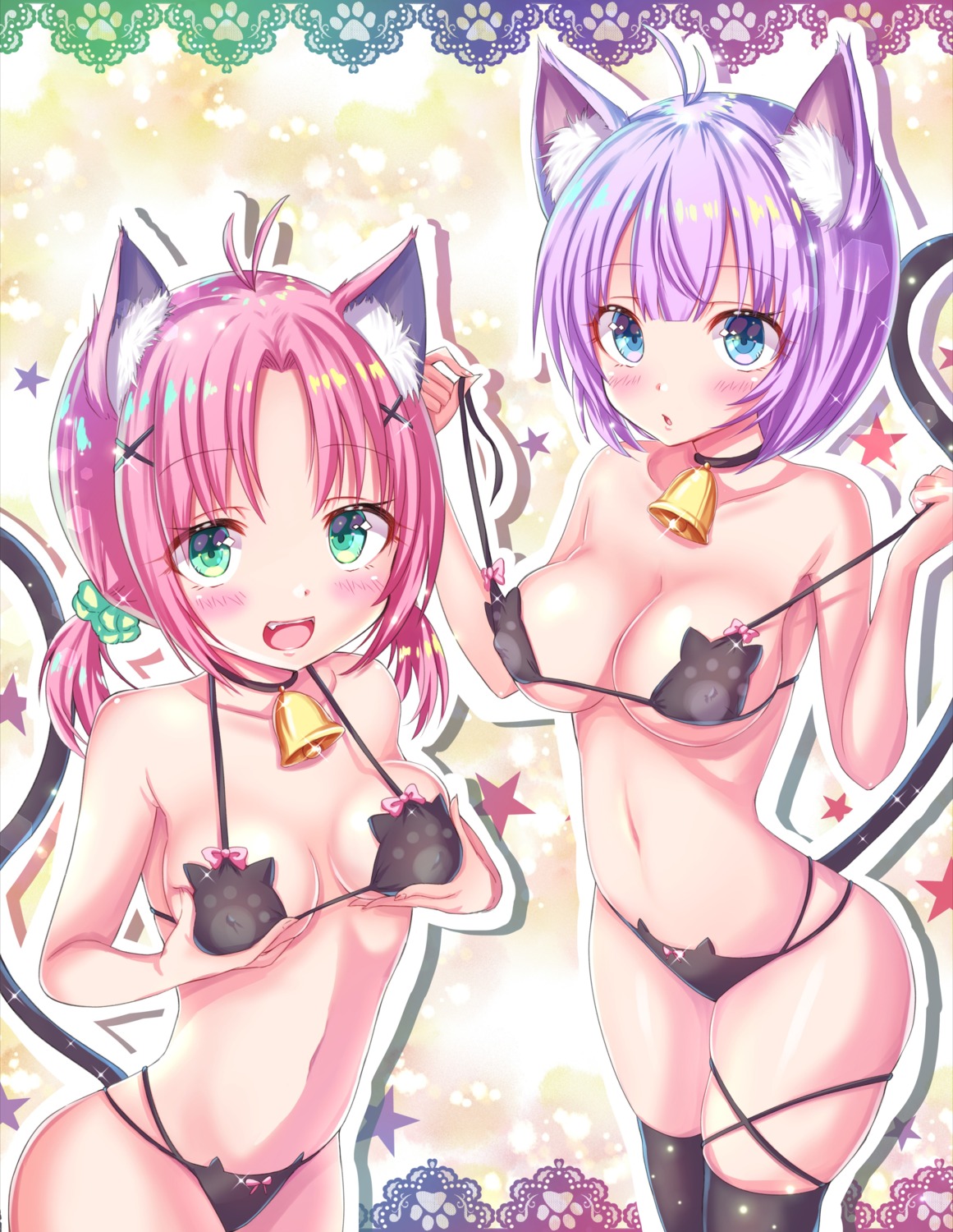 animal_ears bikini breast_hold erect_nipples nekomimi swimsuits tail tenzeru thighhighs undressing