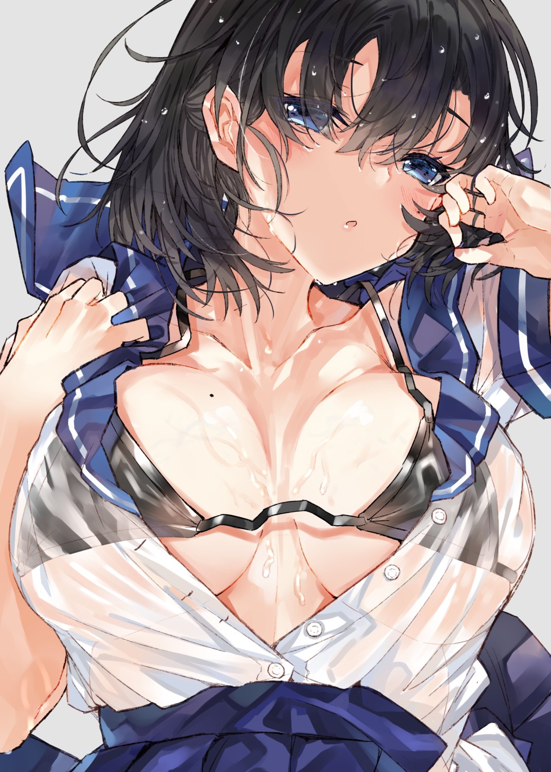 bra kou_mashiro open_shirt see_through seifuku wet wet_clothes