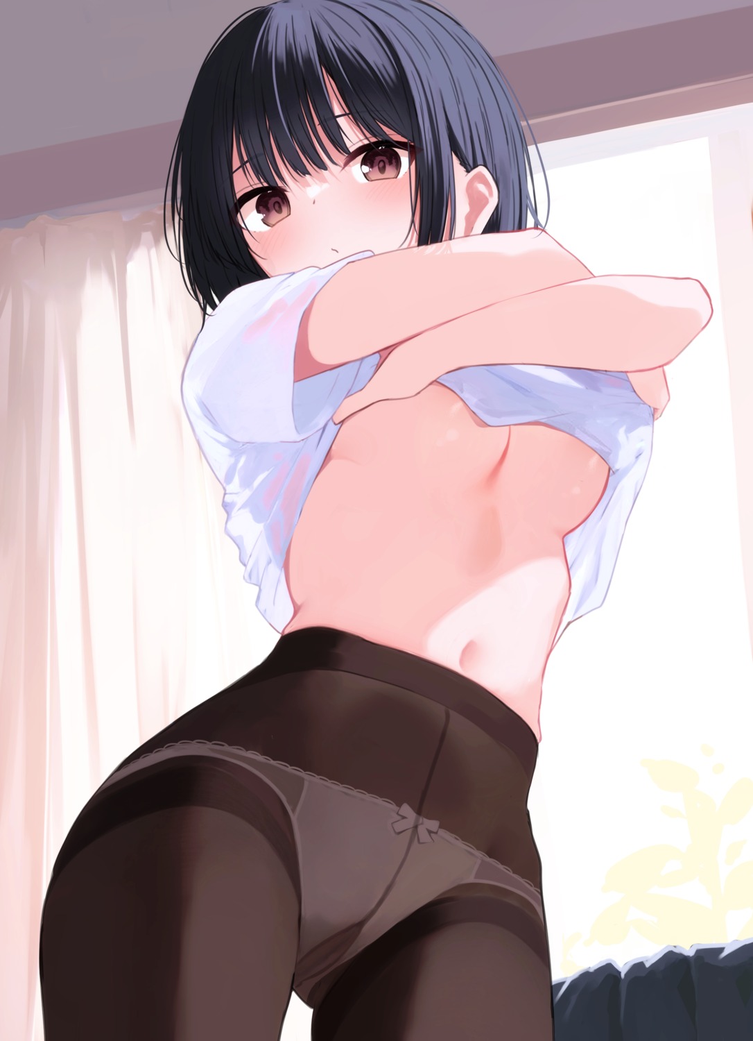 memekko no_bra pantsu pantyhose see_through shirt_lift undressing