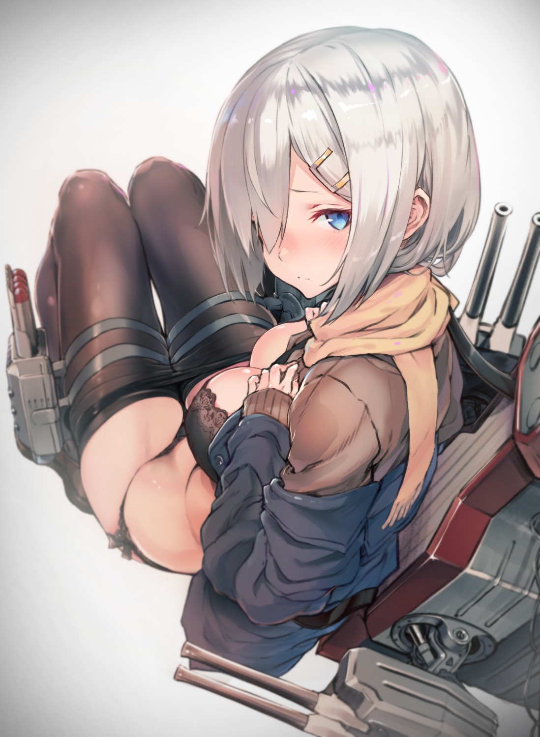 afukuro bra cleavage garter hamakaze_(kancolle) kantai_collection open_shirt pantsu pantyhose sabaku_no_tanuki sweater