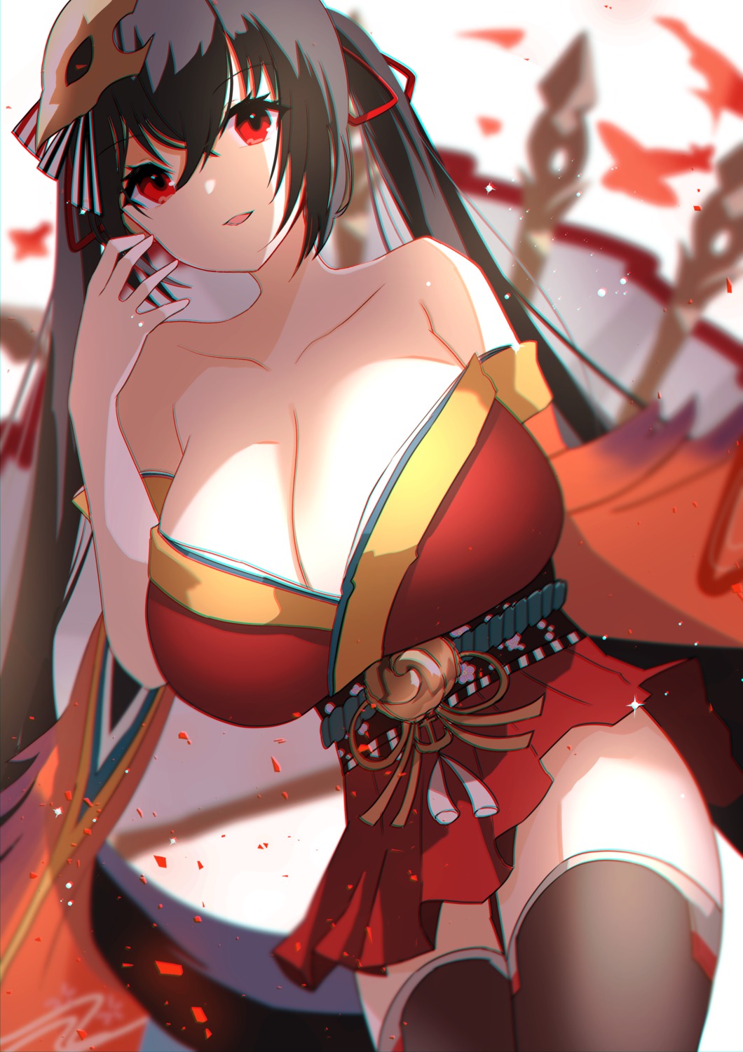 azur_lane japanese_clothes no_bra open_shirt taihou_(azur_lane) thighhighs yamaha_tsui