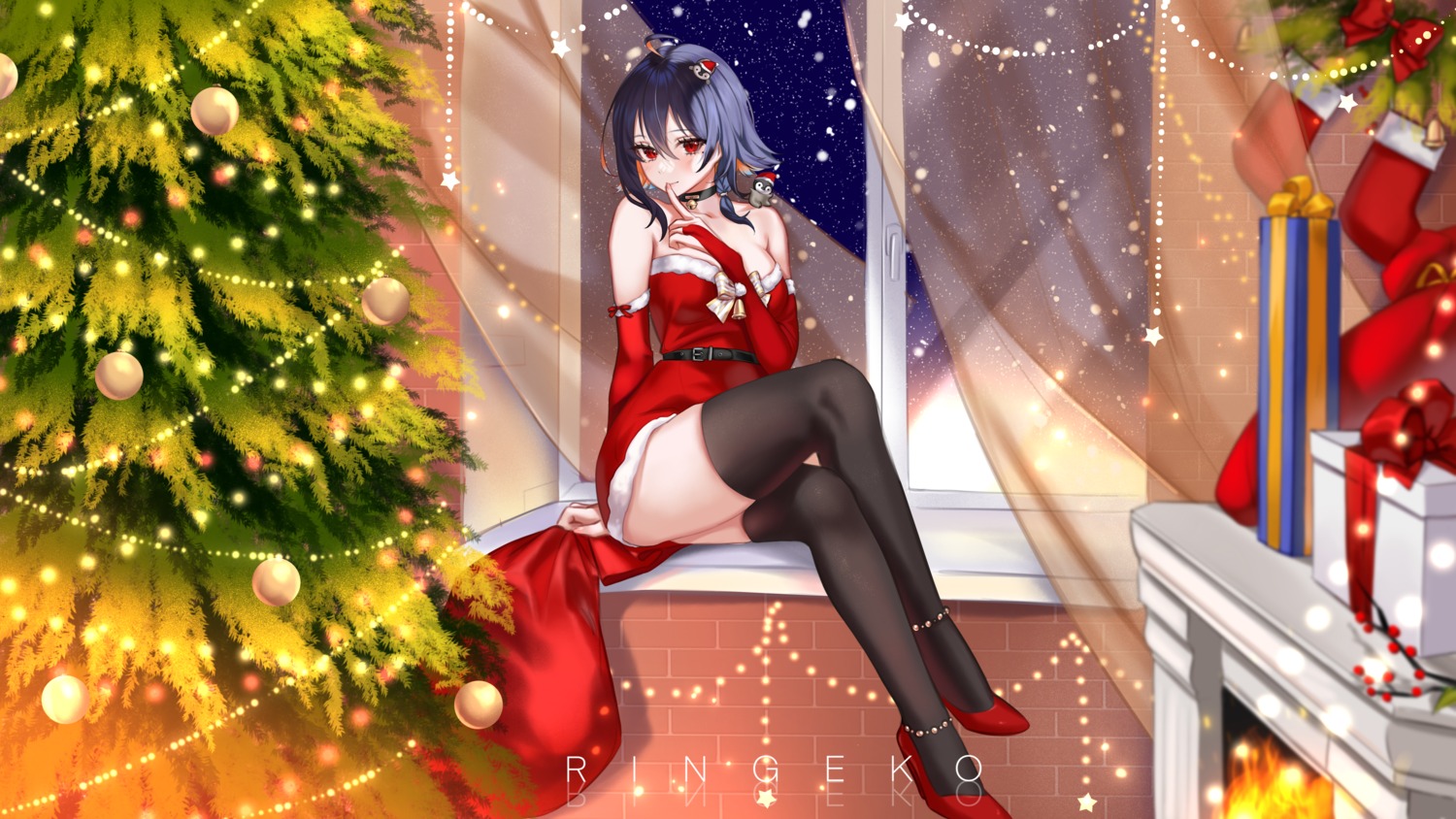 christmas dress heels no_bra ringeko-chan thighhighs