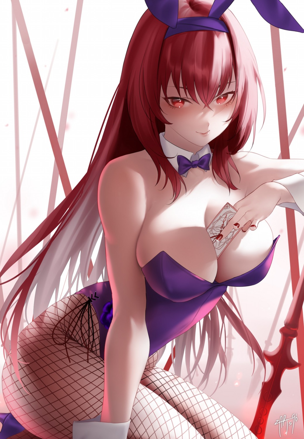 animal_ears bunny_ears bunny_girl fate/grand_order fishnets no_bra pantyhose scathach_(fate/grand_order) zasshu