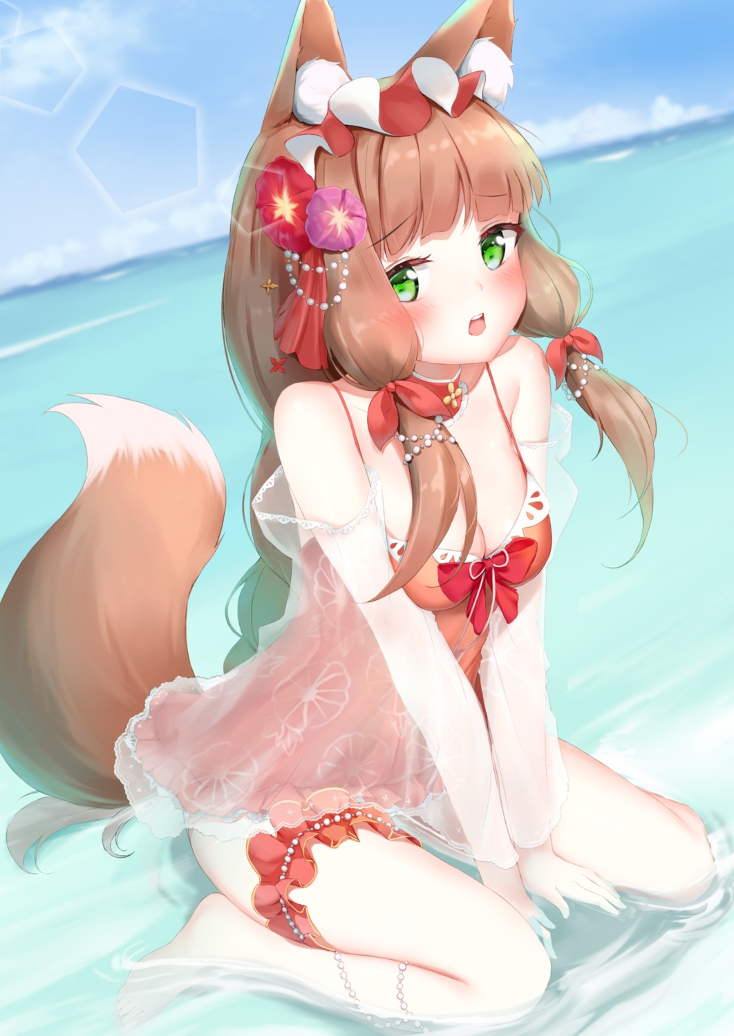 animal_ears cleavage garter himemiya_maho kitsune princess_connect! princess_connect!_re:dive see_through swimsuits tail wet white_clover_(unfy8472)