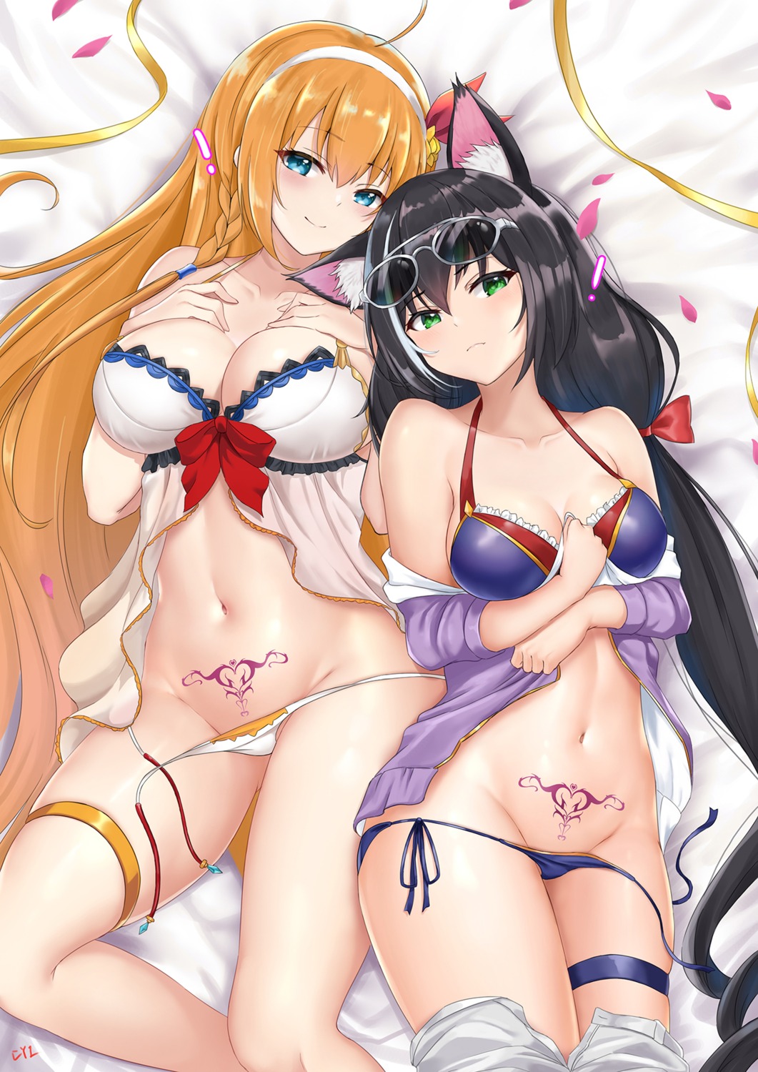 animal_ears bra cyicheng garter karyl_(princess_connect) lingerie megane nekomimi open_shirt pantsu panty_pull pecorine princess_connect princess_connect!_re:dive see_through string_panties tattoo