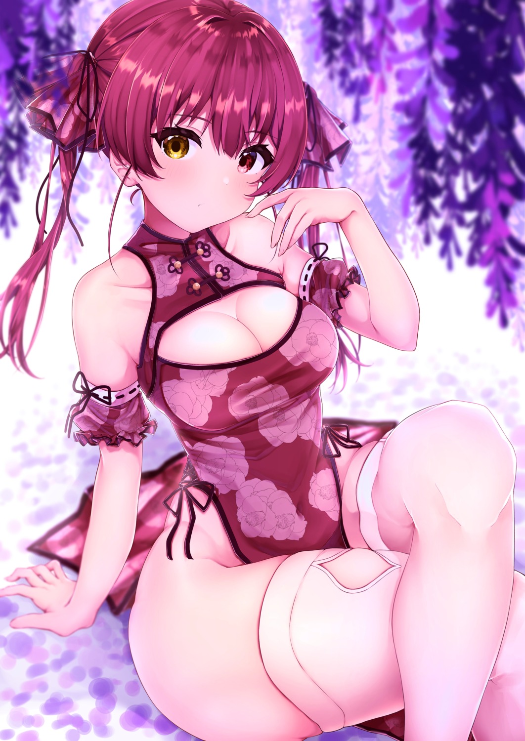 chinadress cleavage harukasu_(mememememo) heterochromia hololive houshou_marine no_bra nopan skirt_lift thighhighs