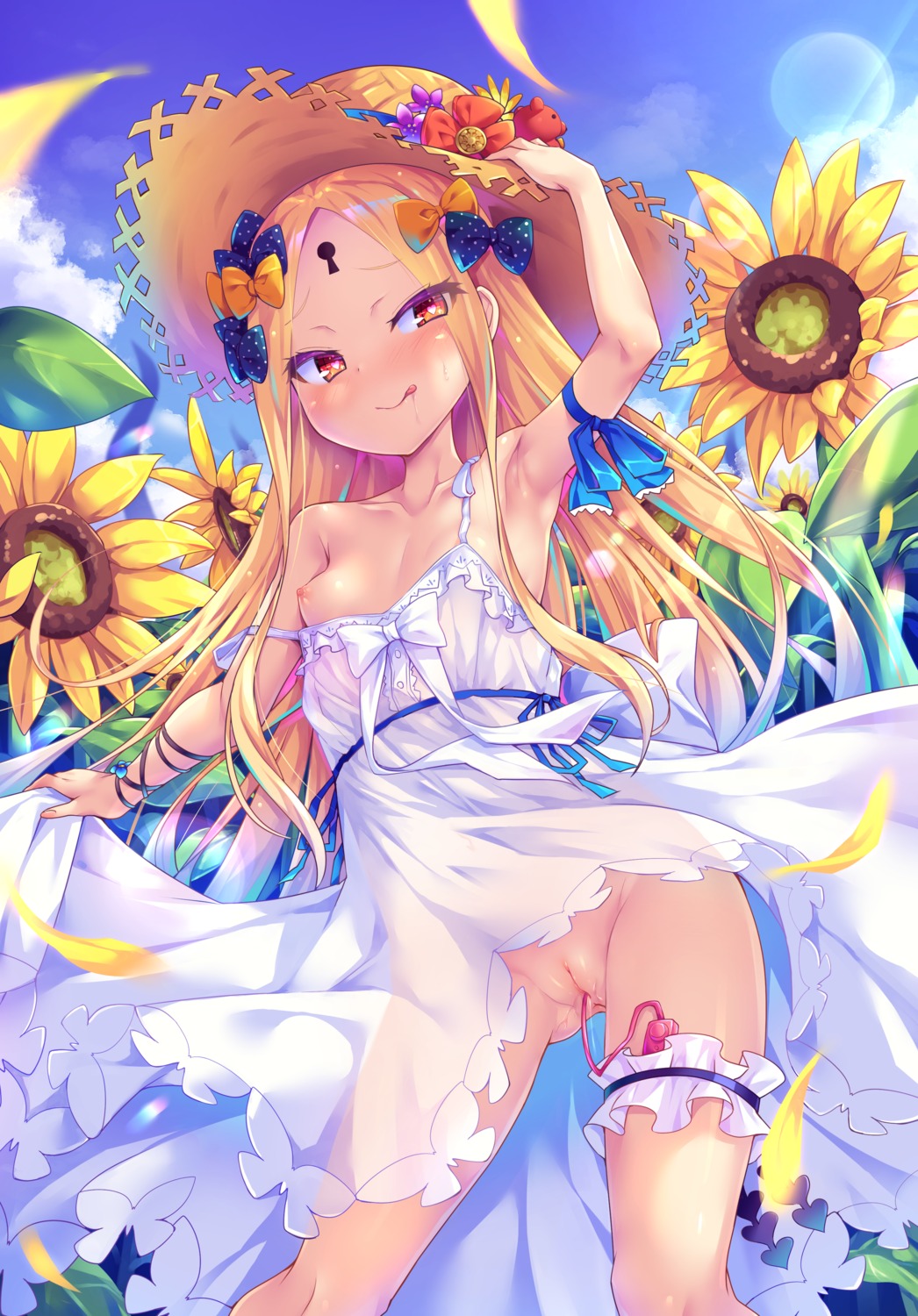 abigail_williams_(fate) anus breasts dress fate/grand_order garter loli nipples no_bra nopan pussy pussy_juice see_through skirt_lift summer_dress toraishi_666 uncensored vibrator