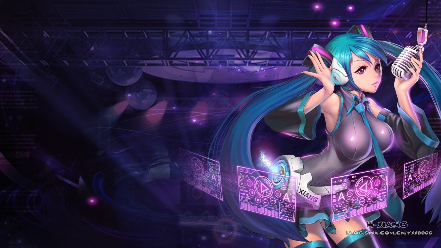 hatsune_miku headphones pantsu thighhighs vocaloid wallpaper xiang