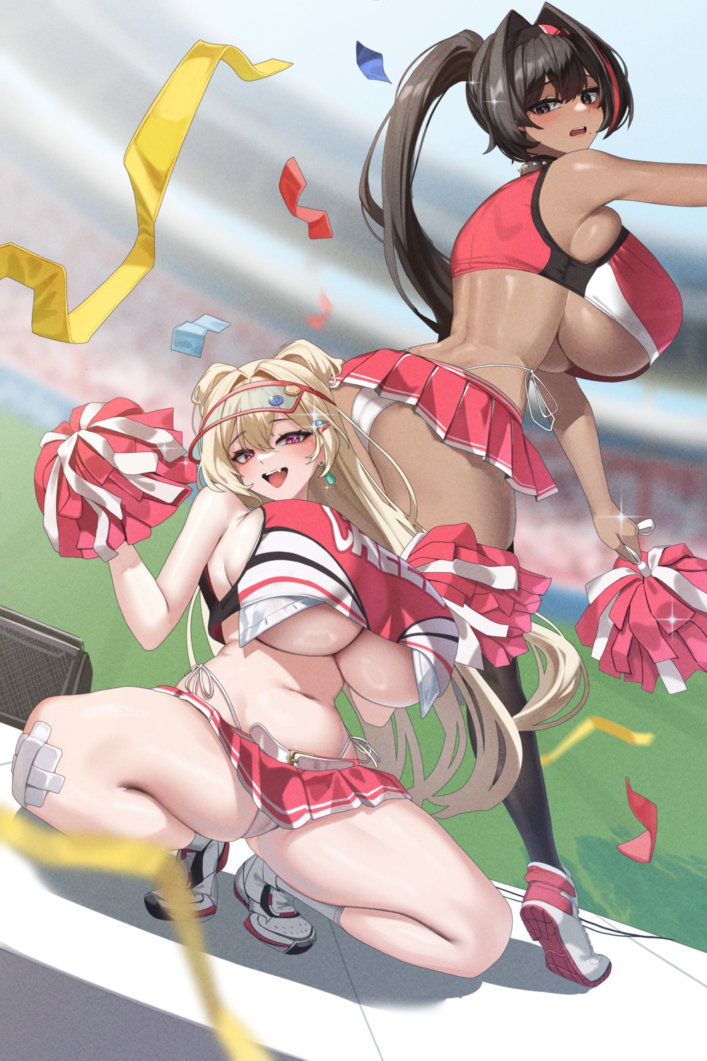 ass bandaid bay cameltoe cheerleader clay_(nikke) goddess_of_victory:_nikke no_bra pantsu simsim_han-u skirt_lift thighhighs thong