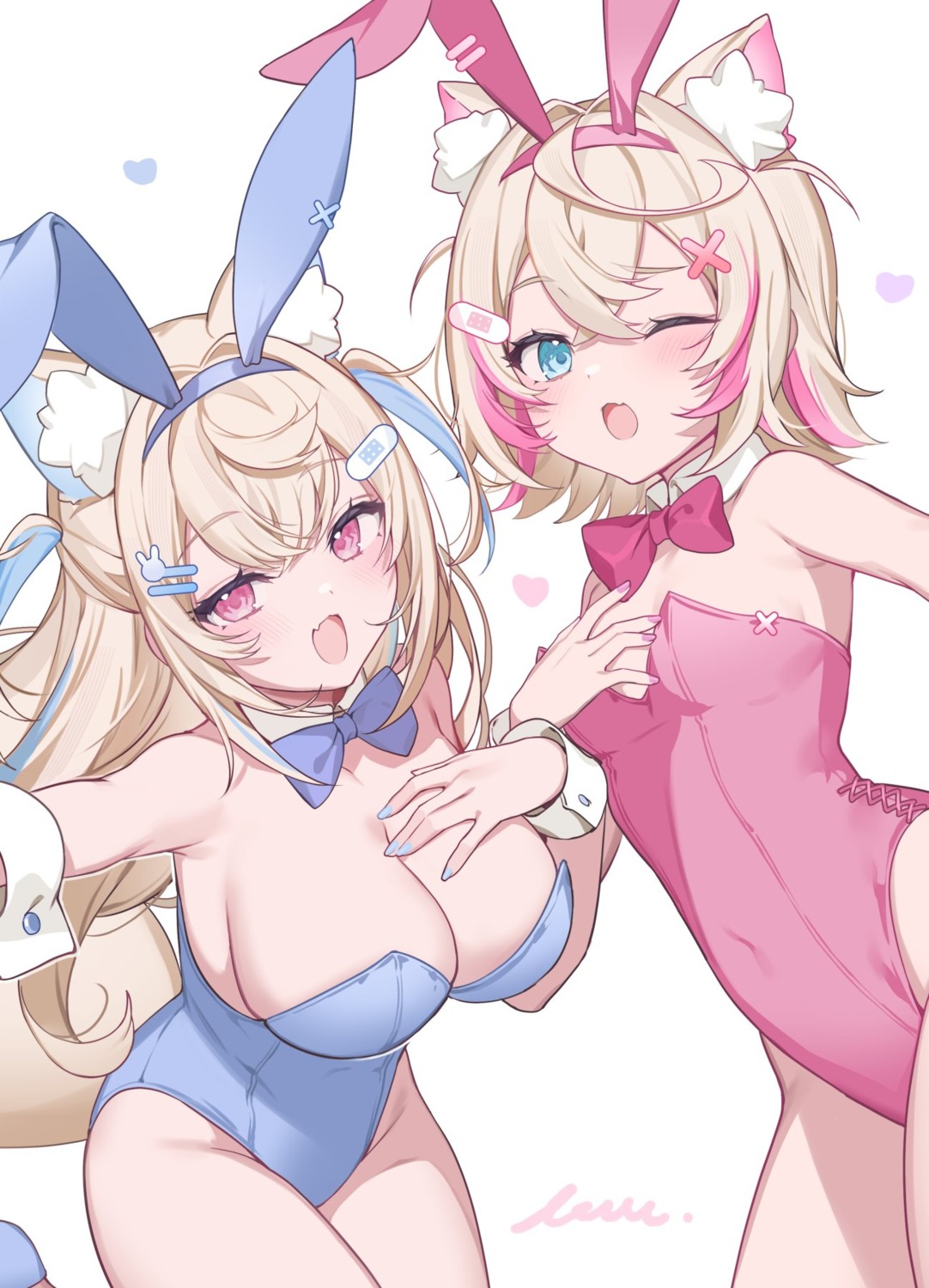 animal_ears bandaid bunny_ears bunny_girl fuwawa_abyssgard hololive hololive_english ikomochi inumimi mococo_abyssgard no_bra tail