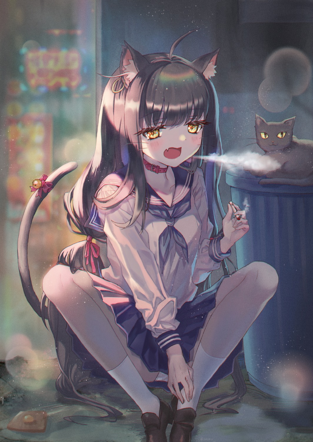 animal_ears neko nekomimi pantsu seifuku seozo skirt_lift smoking tail