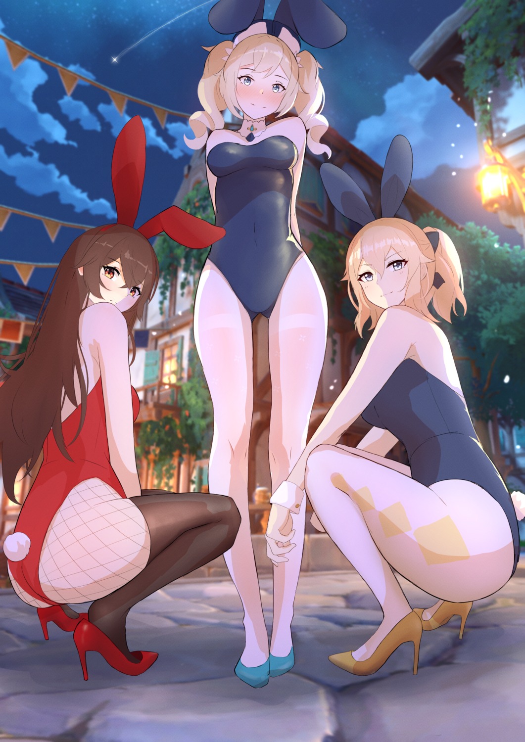 amber_(genshin_impact) animal_ears ass barbara_(genshin_impact) bunny_ears bunny_girl fishnets genshin_impact heels isetnation jean_(genshin_impact) pantyhose tail thighhighs