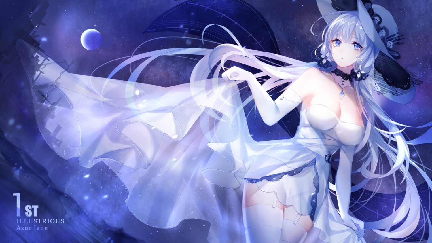 azur_lane cleavage dress illustrious_(azur_lane) shi_xun stockings thighhighs wallpaper