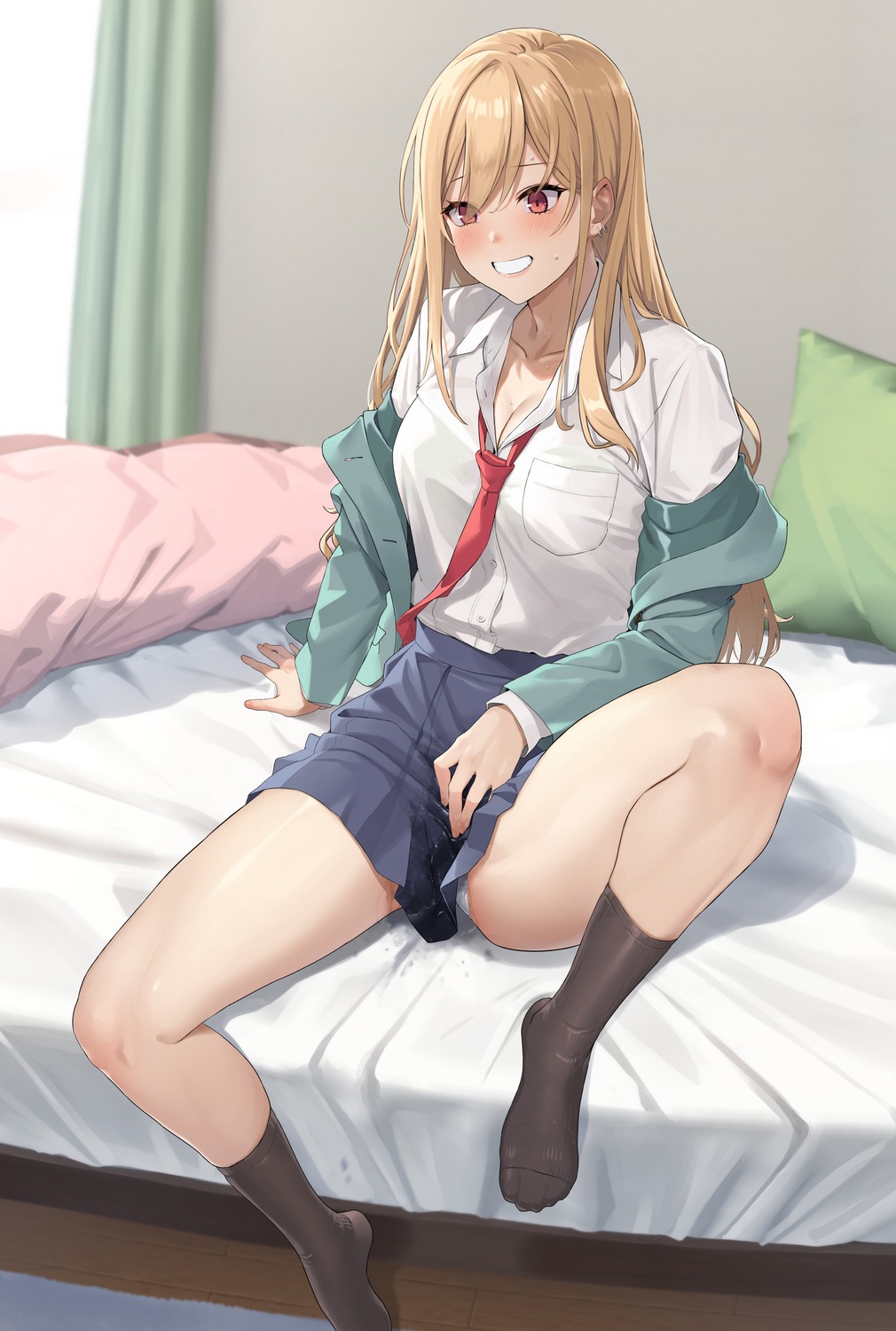 cleavage masturbation open_shirt pantsu prime pussy_juice seifuku wet_clothes