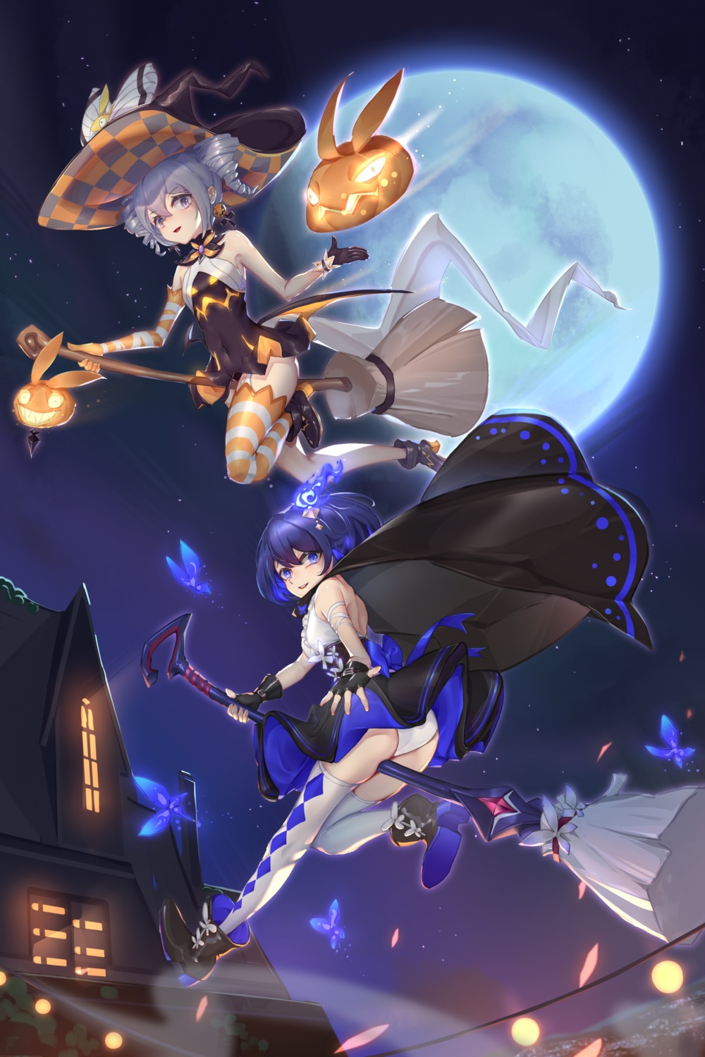 benghuai_xueyuan bronya_zaychik dress halloween heels honkai_impact pantsu seele_vollerei skirt_lift stockings thighhighs witch wucanming