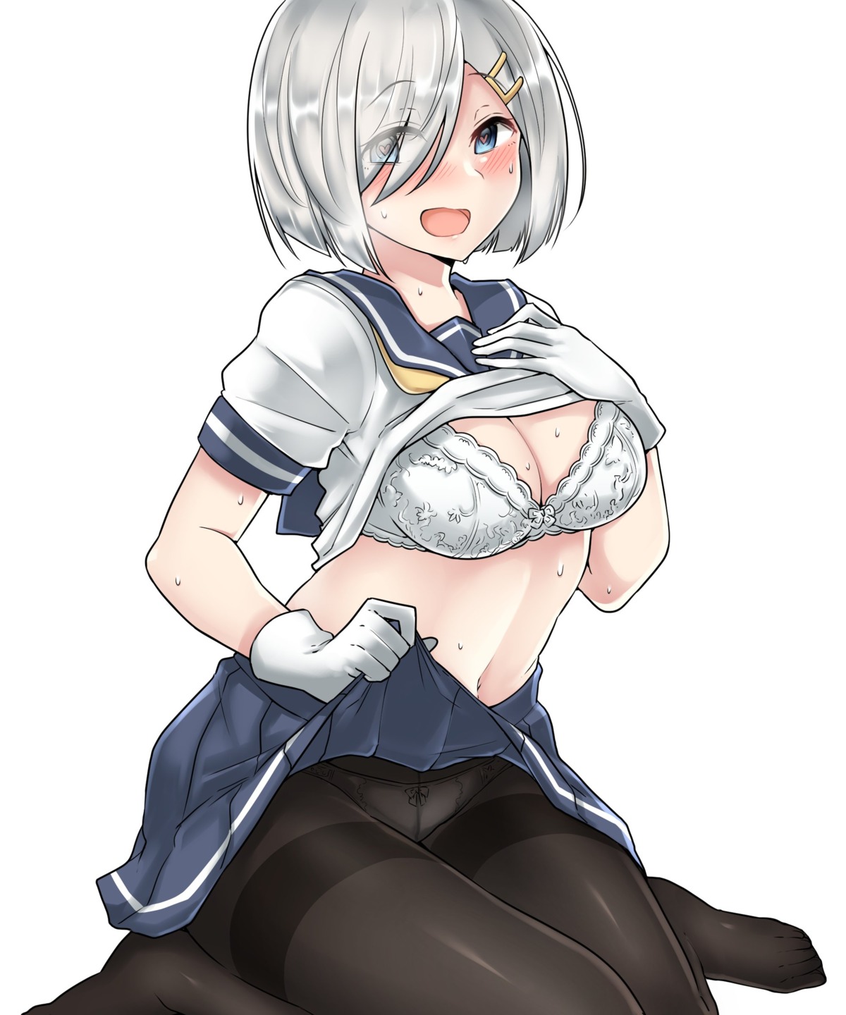 bra cleavage hamakaze_(kancolle) kantai_collection kiritto pantsu pantyhose seifuku shirt_lift skirt_lift