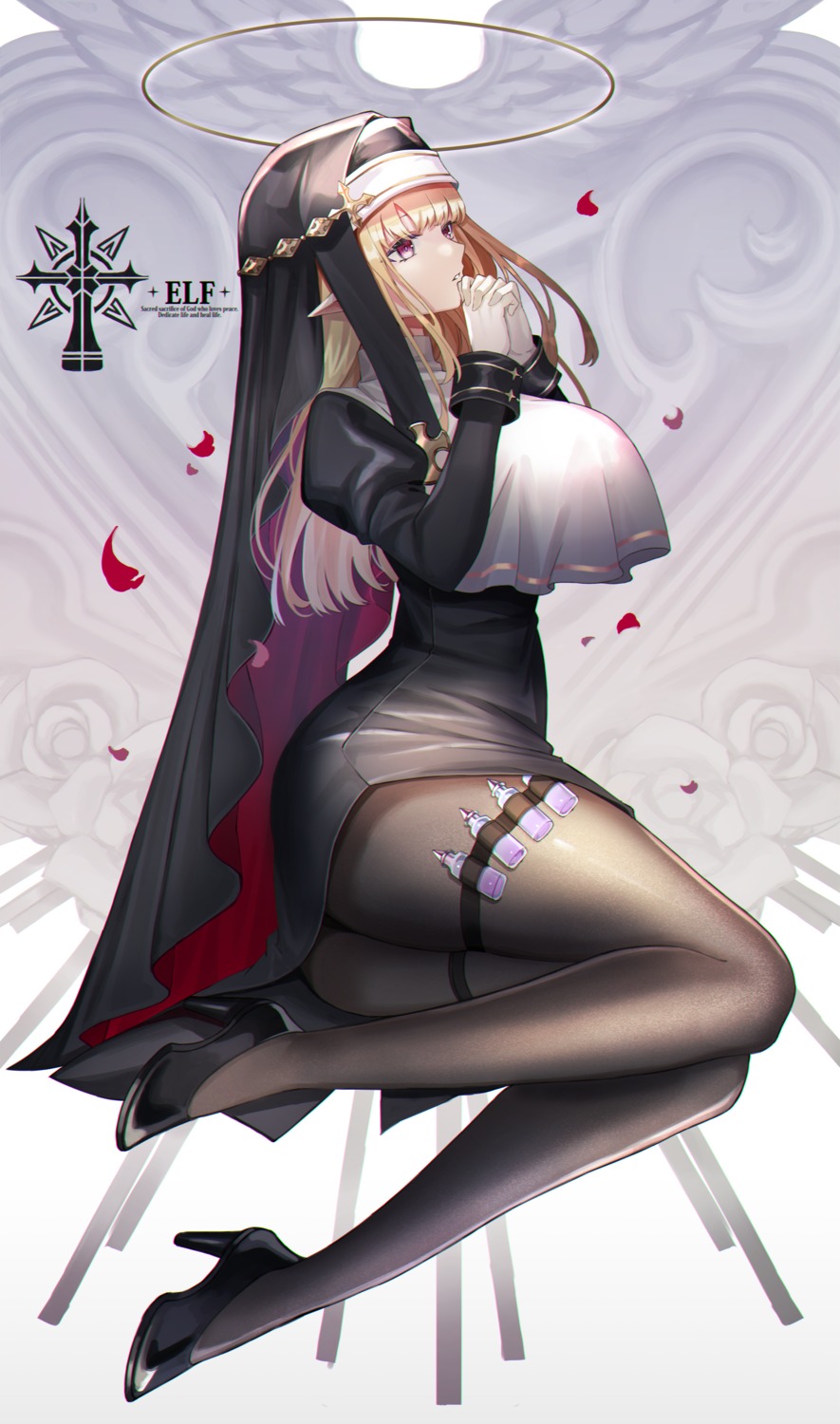 amahara_subaru elf garter heels nun pantyhose pointy_ears skirt_lift