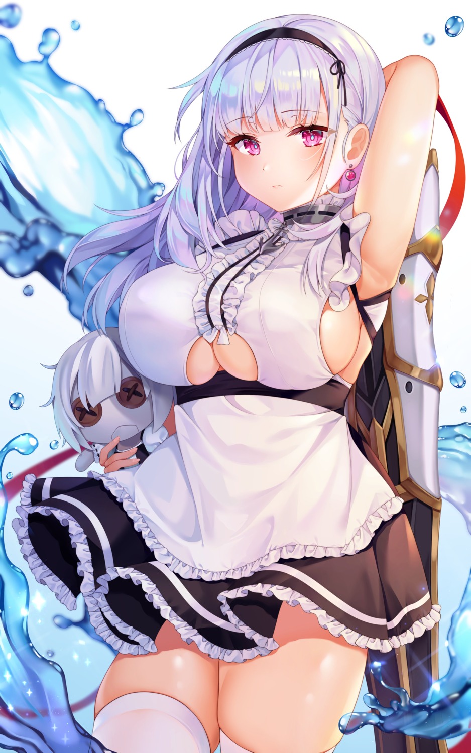 azur_lane chibi dido_(azur_lane) maid possible_duplicate reel_(riru) skirt_lift sword thighhighs underboob wet