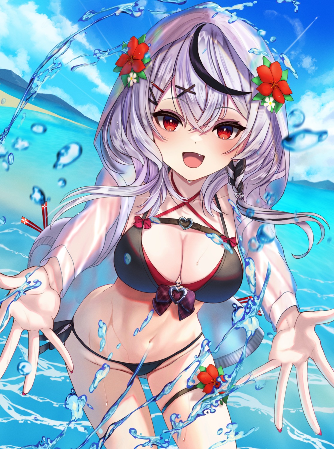 bikini garter hololive inari_(ambercrown) open_shirt sakamata_chloe see_through swimsuits wet