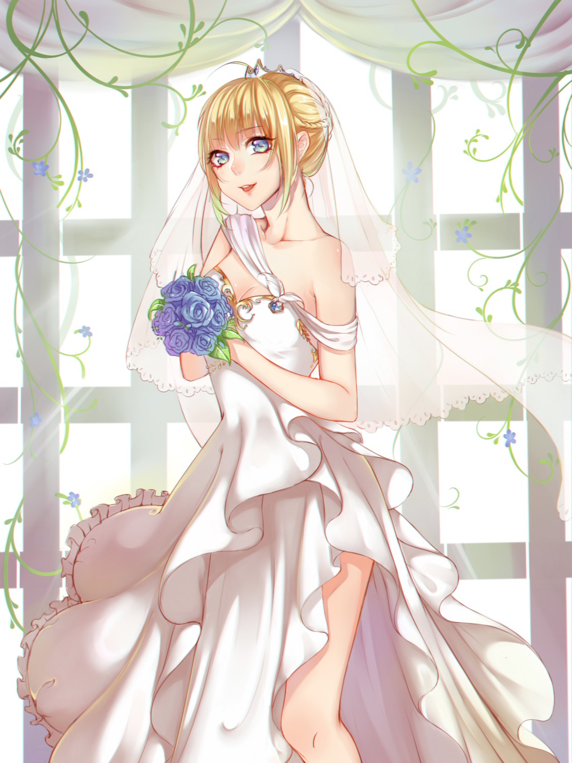 cleavage dress fate/stay_night no_bra rokiru_(yukiyoooooo) saber wedding_dress