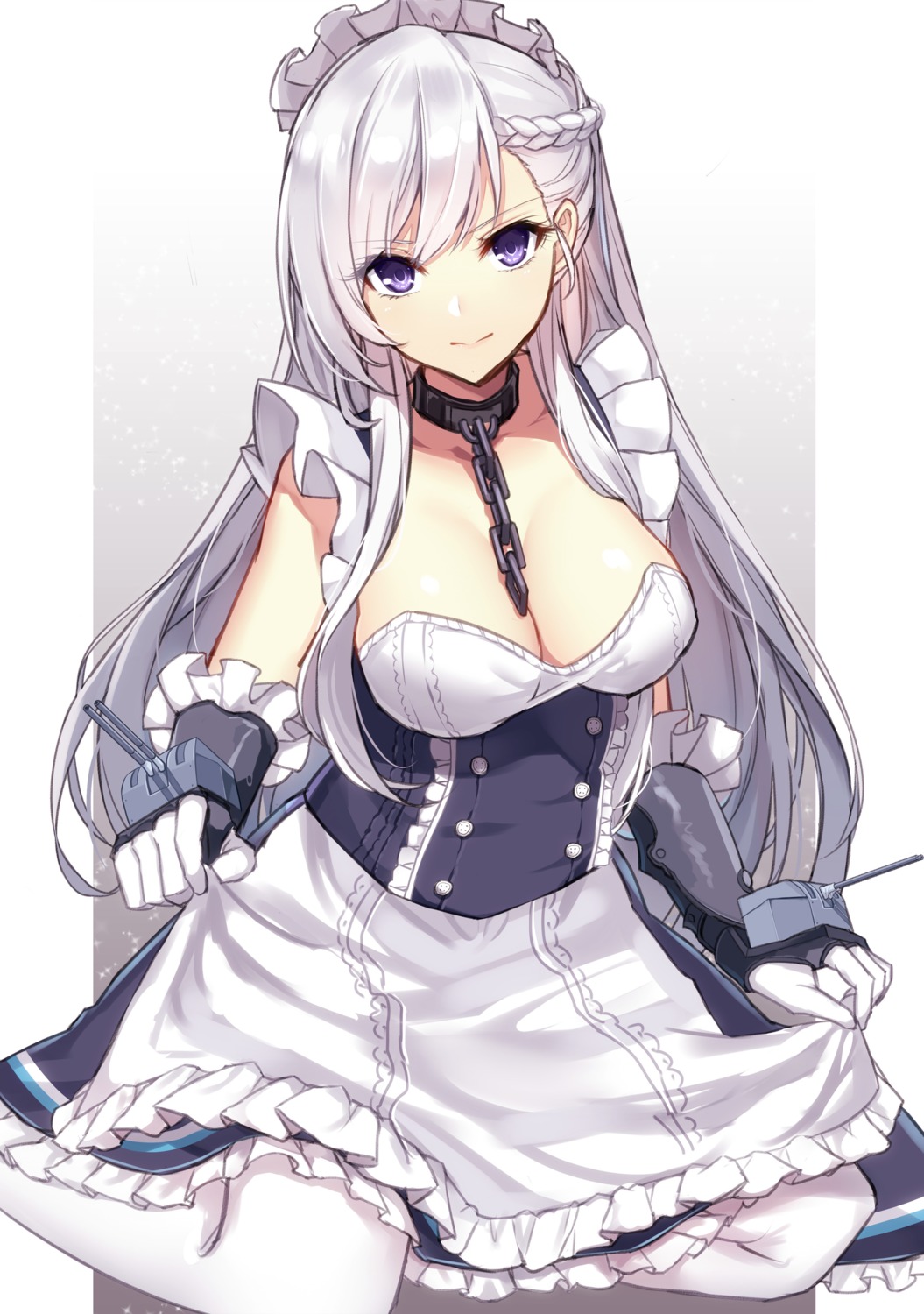 aosaki_yukina azur_lane belfast_(azur_lane) cleavage maid pantyhose skirt_lift weapon