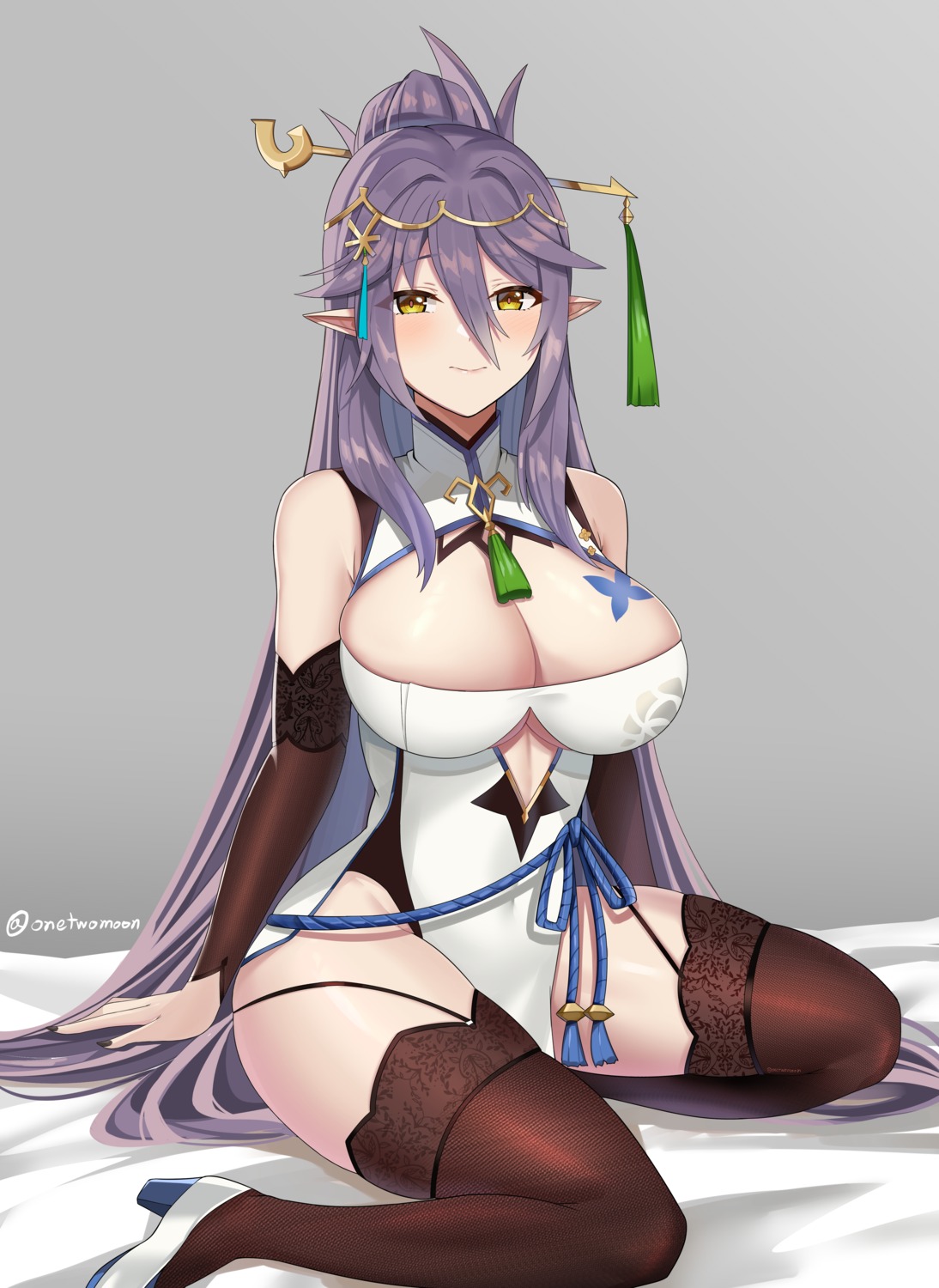 aria_(epic7) asian_clothes epic7 heels no_bra pointy_ears stockings tattoo thighhighs twomoon