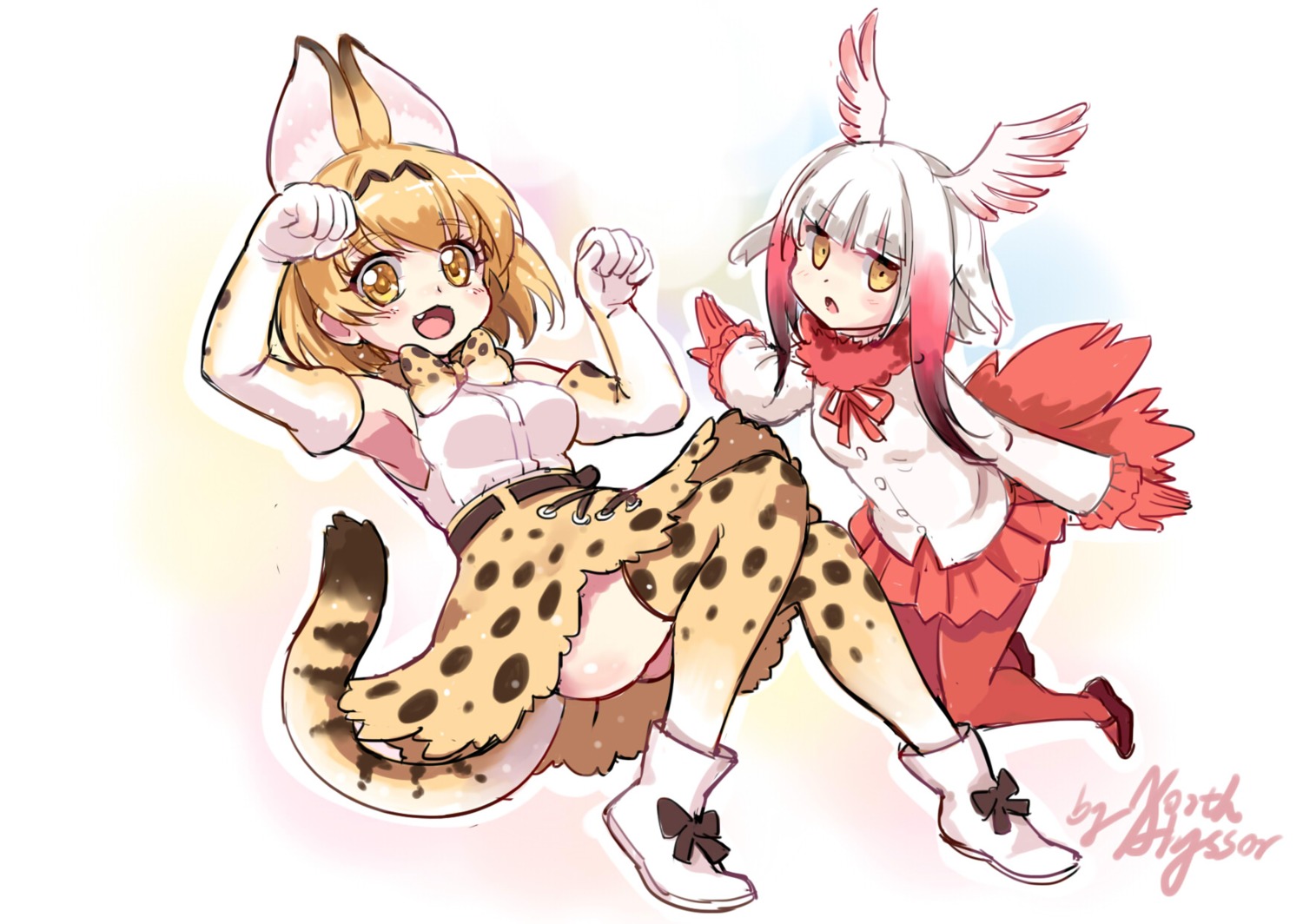 abyss_of_parliament animal_ears crested_ibis kemono_friends pantyhose serval tail thighhighs wings