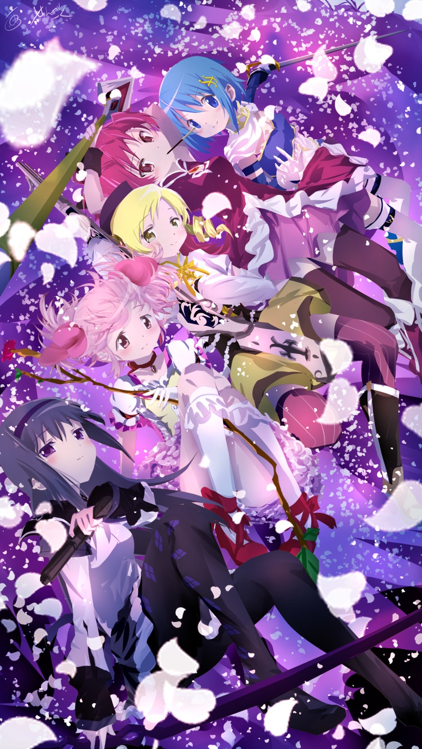 akemi_homura kaname_madoka miki_sayaka pantyhose puella_magi_madoka_magica sakura_kyouko sengokuchidori skirt_lift sword thighhighs tomoe_mami weapon