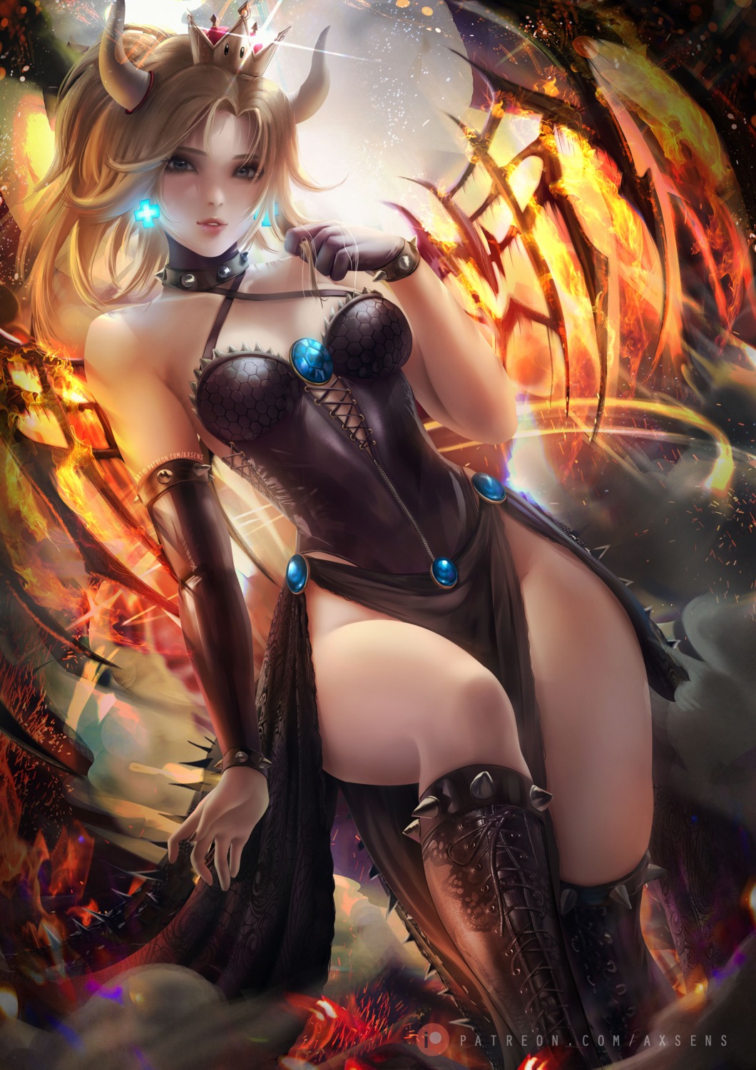 axsens bowsette breasts horns leotard mercy_(overwatch) new_super_mario_bros._u_deluxe official_watermark overwatch tail thighhighs