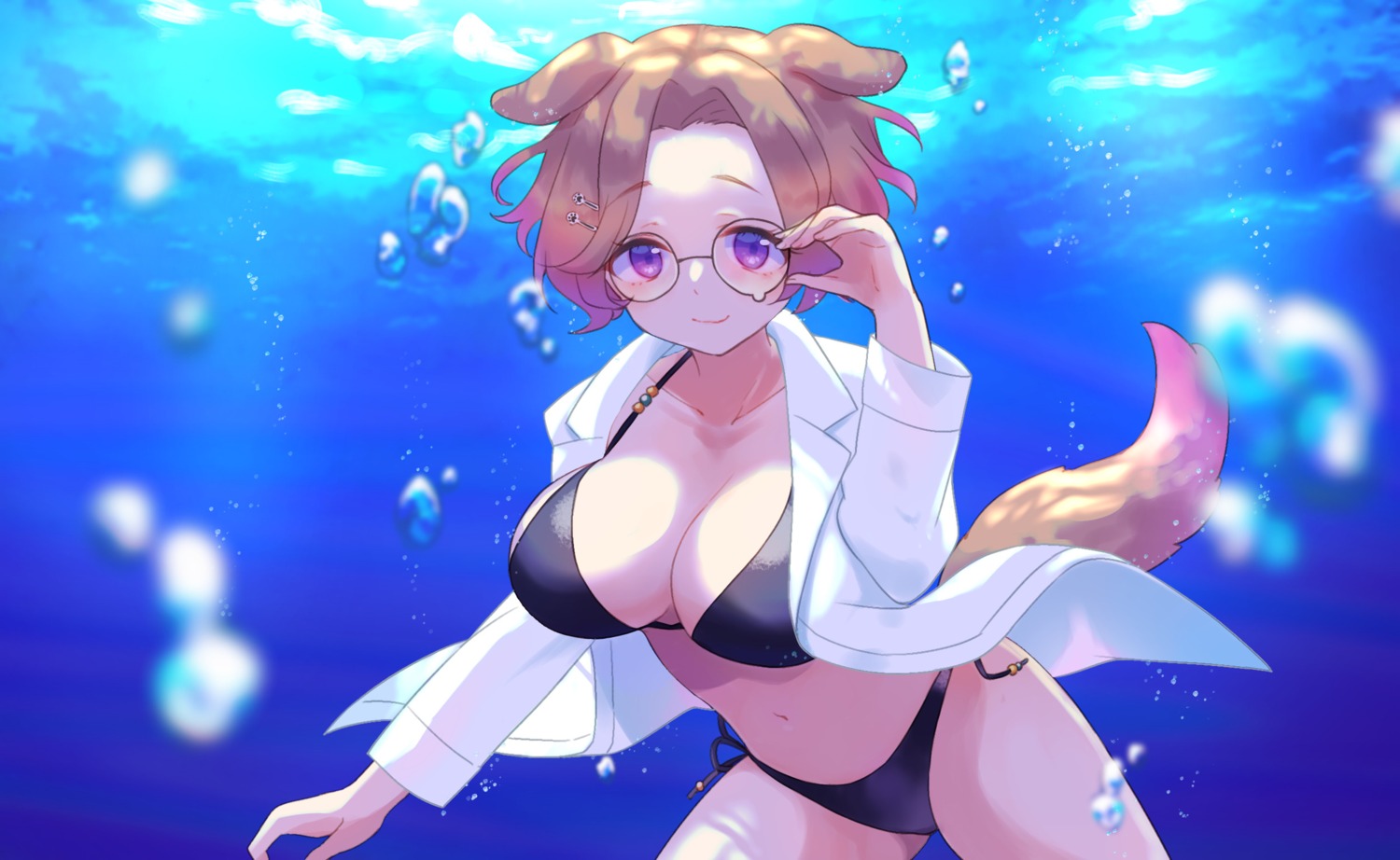 animal_ears bikini dress_shirt gucchiann indie_virtual_youtuber megane open_shirt swimsuits tail