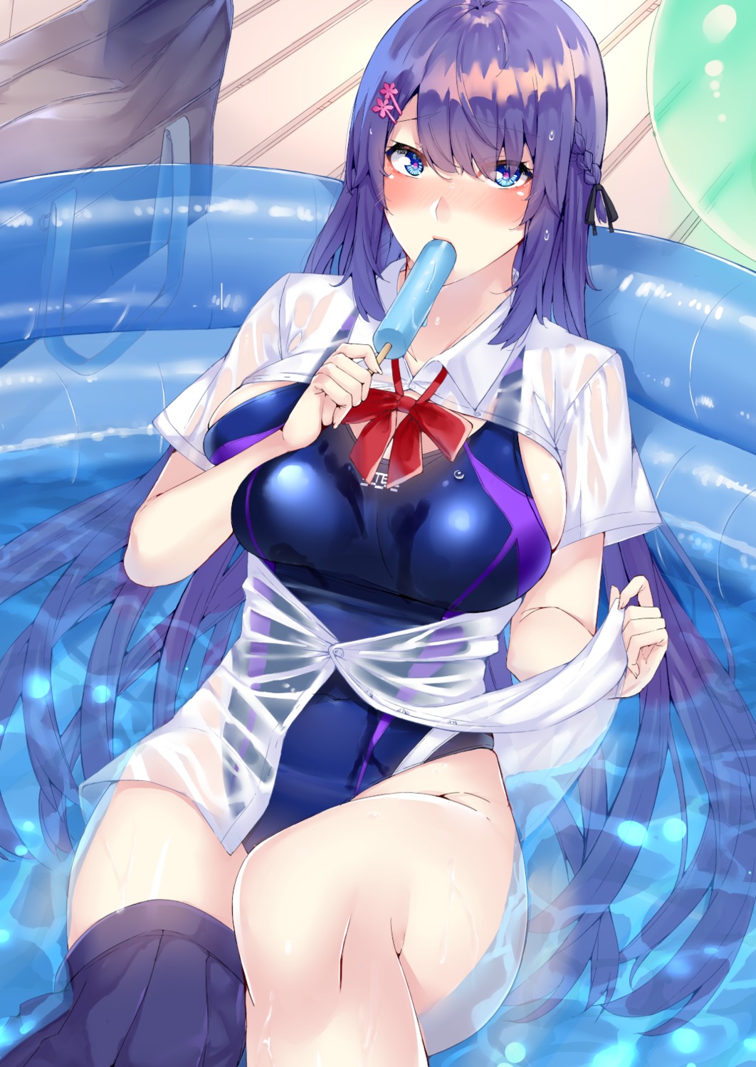 breast_hold kaeru_no_ashi see_through seifuku shirt_lift swimsuits wet wet_clothes