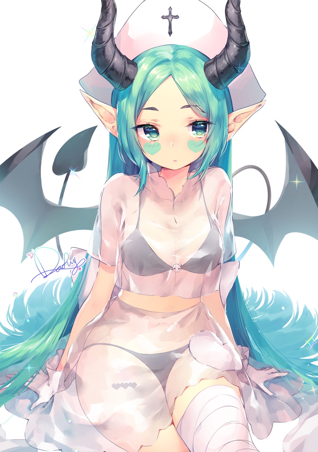 bandages bra dress horns odaefnyo pantsu pointy_ears see_through tail tattoo wings