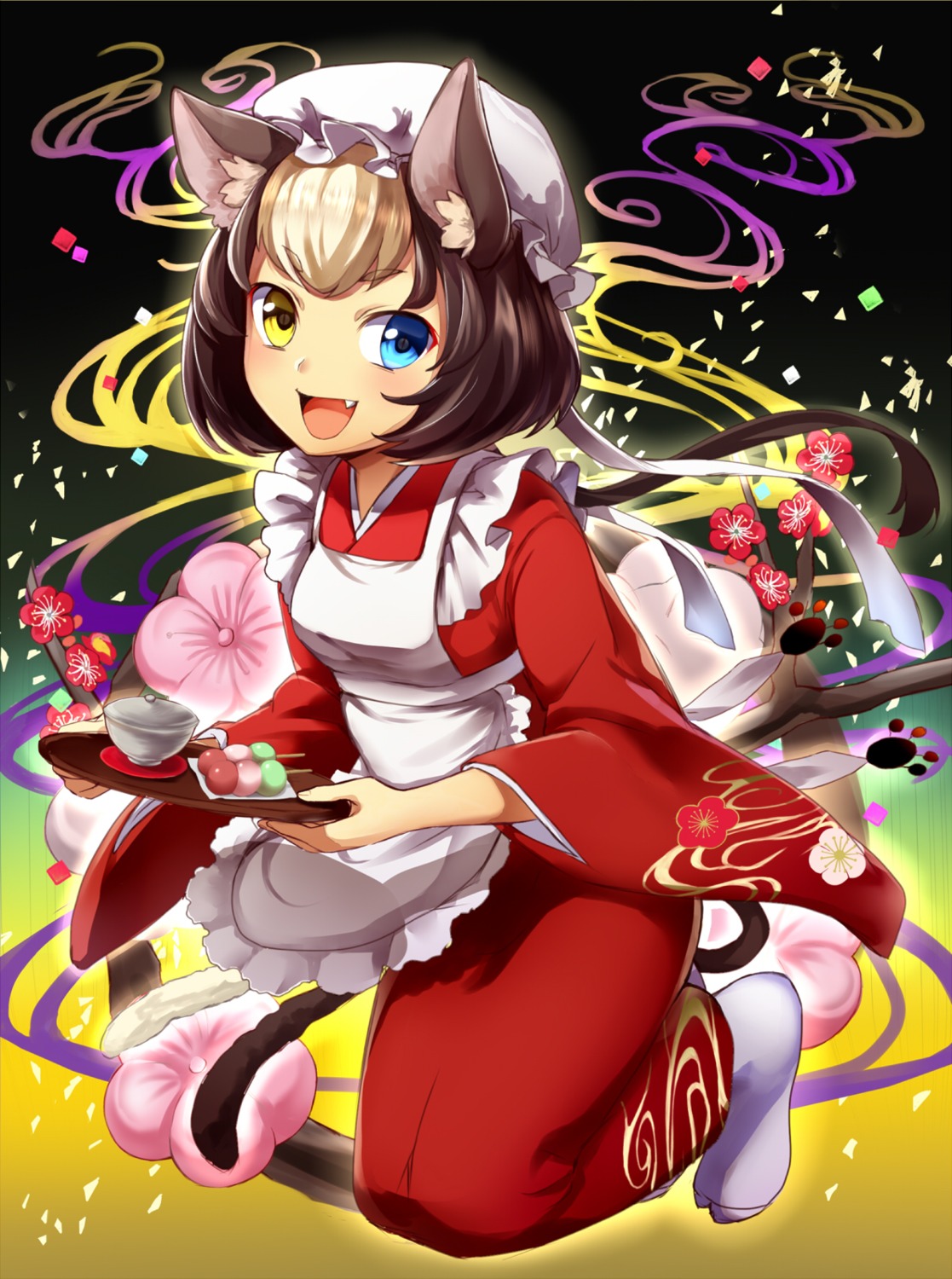 animal_ears heterochromia kimono nekomimi pn2_maru tail waitress