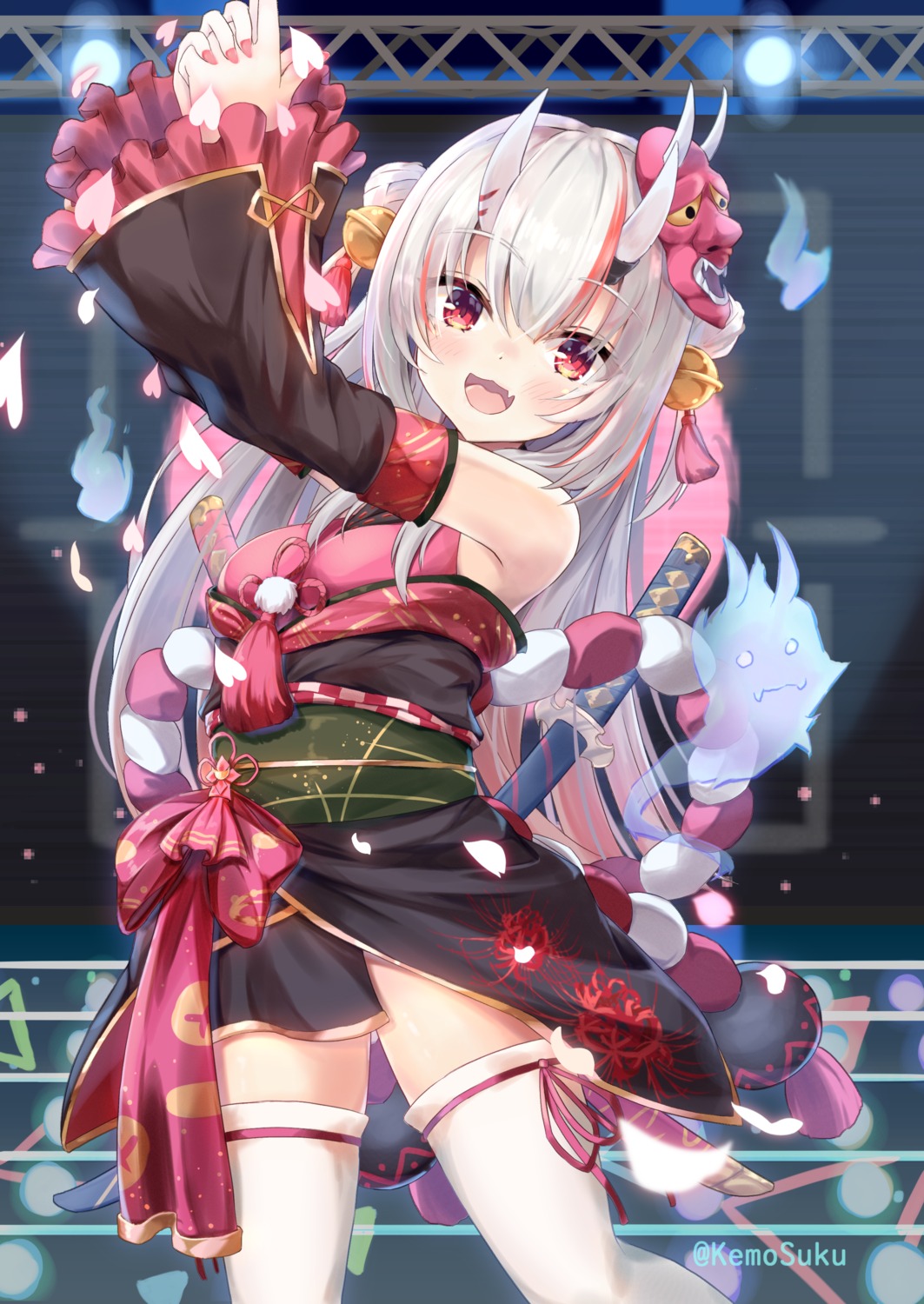 hololive horns japanese_clothes kemosuku nakiri_ayame sword thighhighs