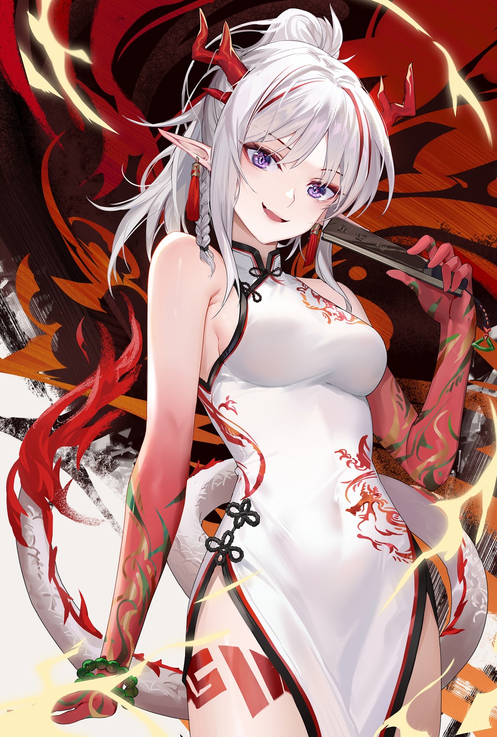 arknights chinadress hongbaise_raw horns nian_(arknights) pointy_ears tail tattoo