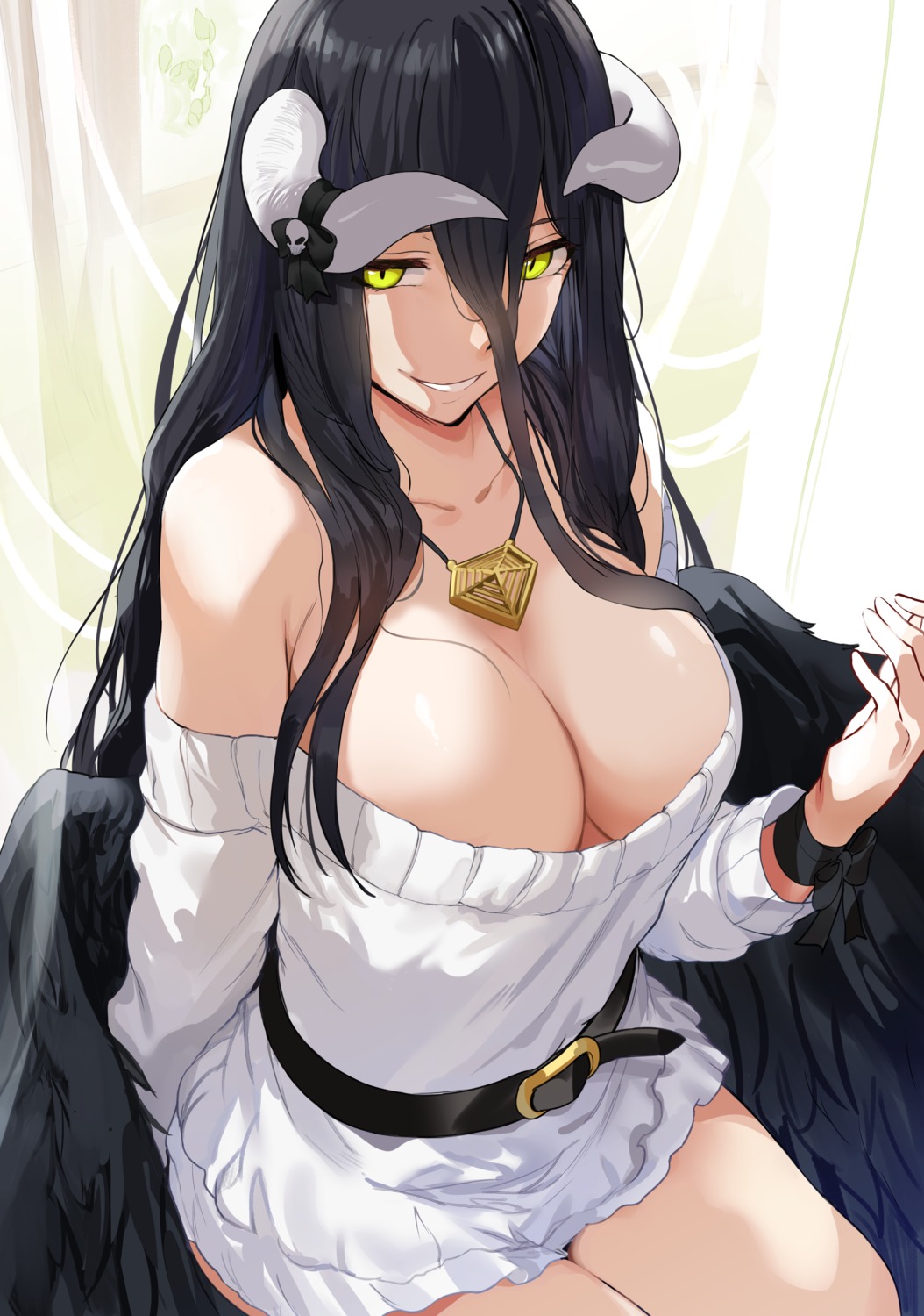 albedo_(overlord) dress hews horns no_bra open_shirt overlord sweater wings