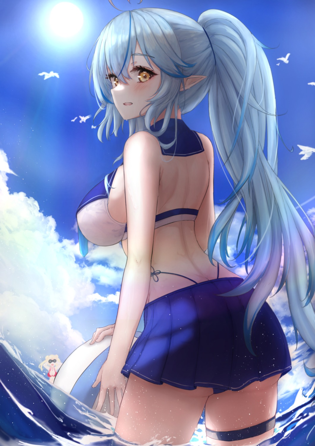 bikini elf garter hololive mofu07519 pointy_ears seifuku swimsuits wet yukihana_lamy