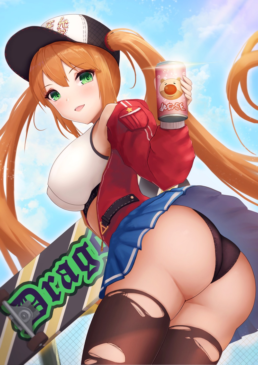 abeen_jhong ass pantsu skirt_lift thighhighs thong torn_clothes