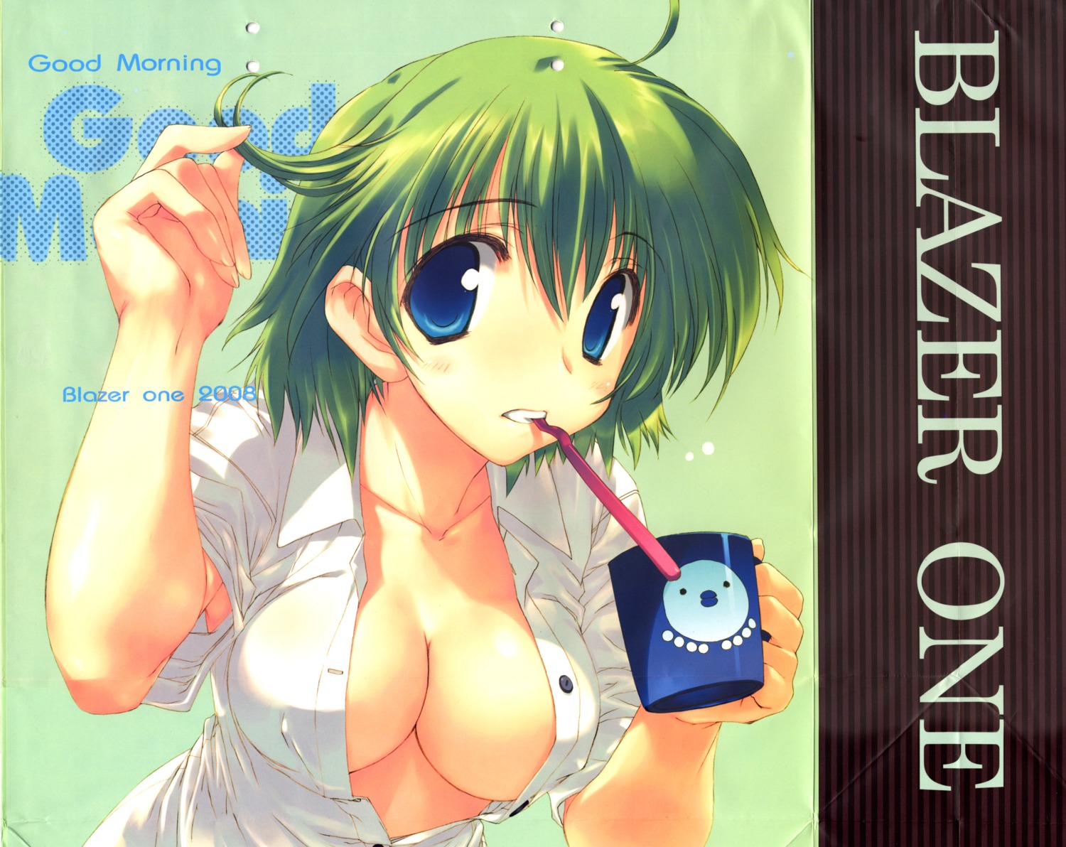 amaduyu_tatsuki cleavage crease dress_shirt mitsumi_misato no_bra open_shirt