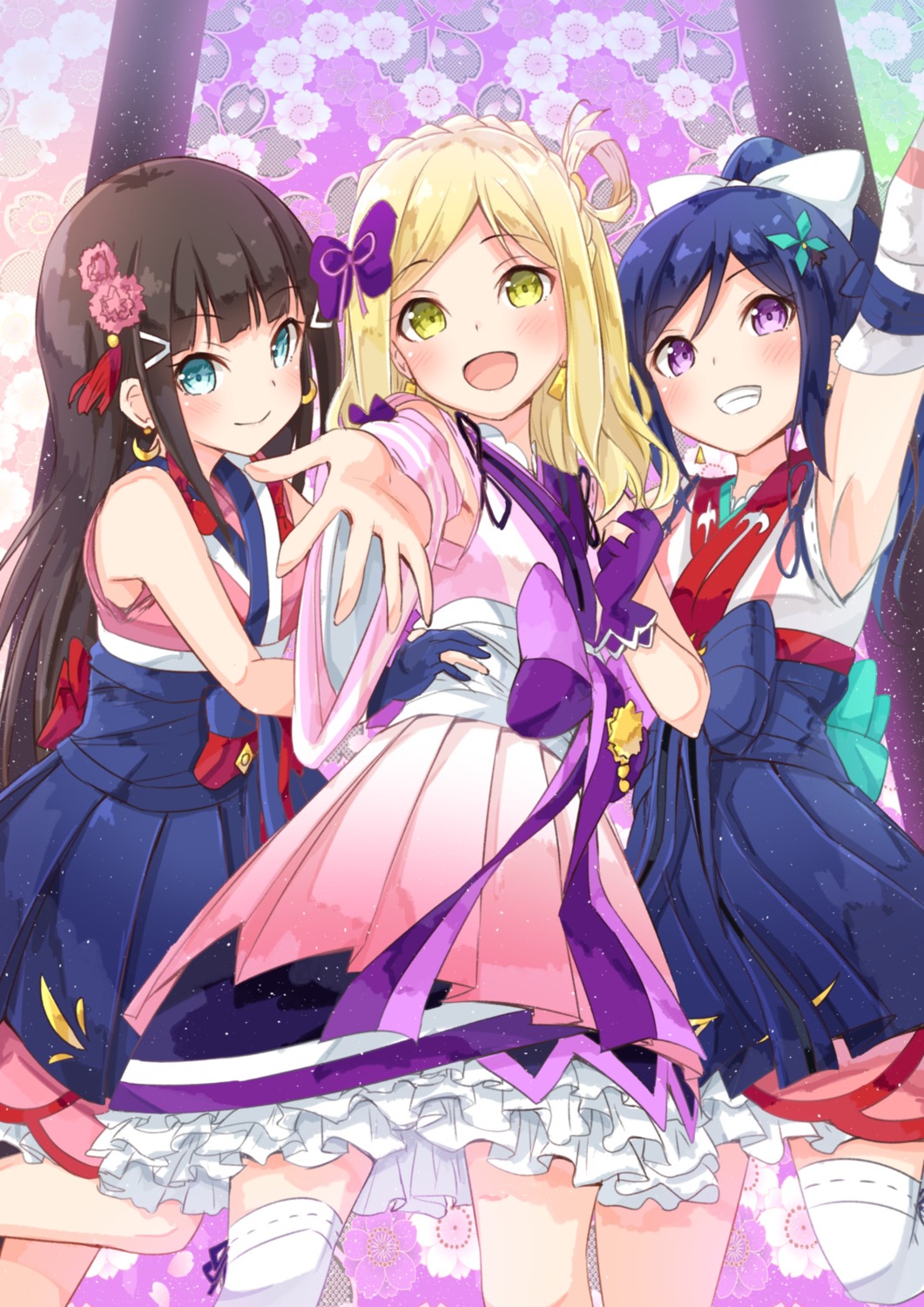 chamirai japanese_clothes kurosawa_dia love_live!_sunshine!! matsuura_kanan ohara_mari thighhighs