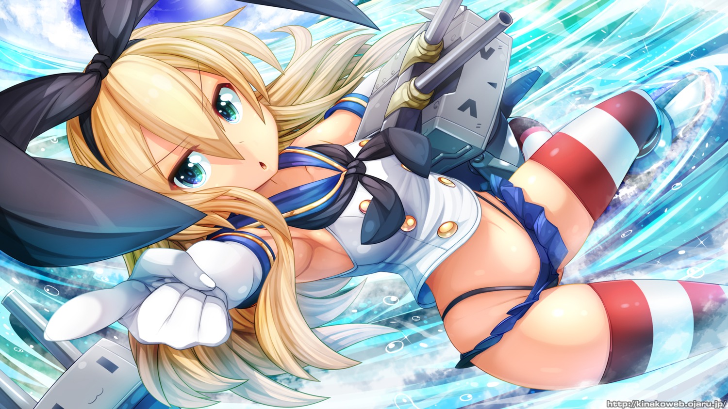 kantai_collection no_bra ooyama_kina pantsu rensouhou-chan shimakaze_(kancolle) thighhighs thong wallpaper wet