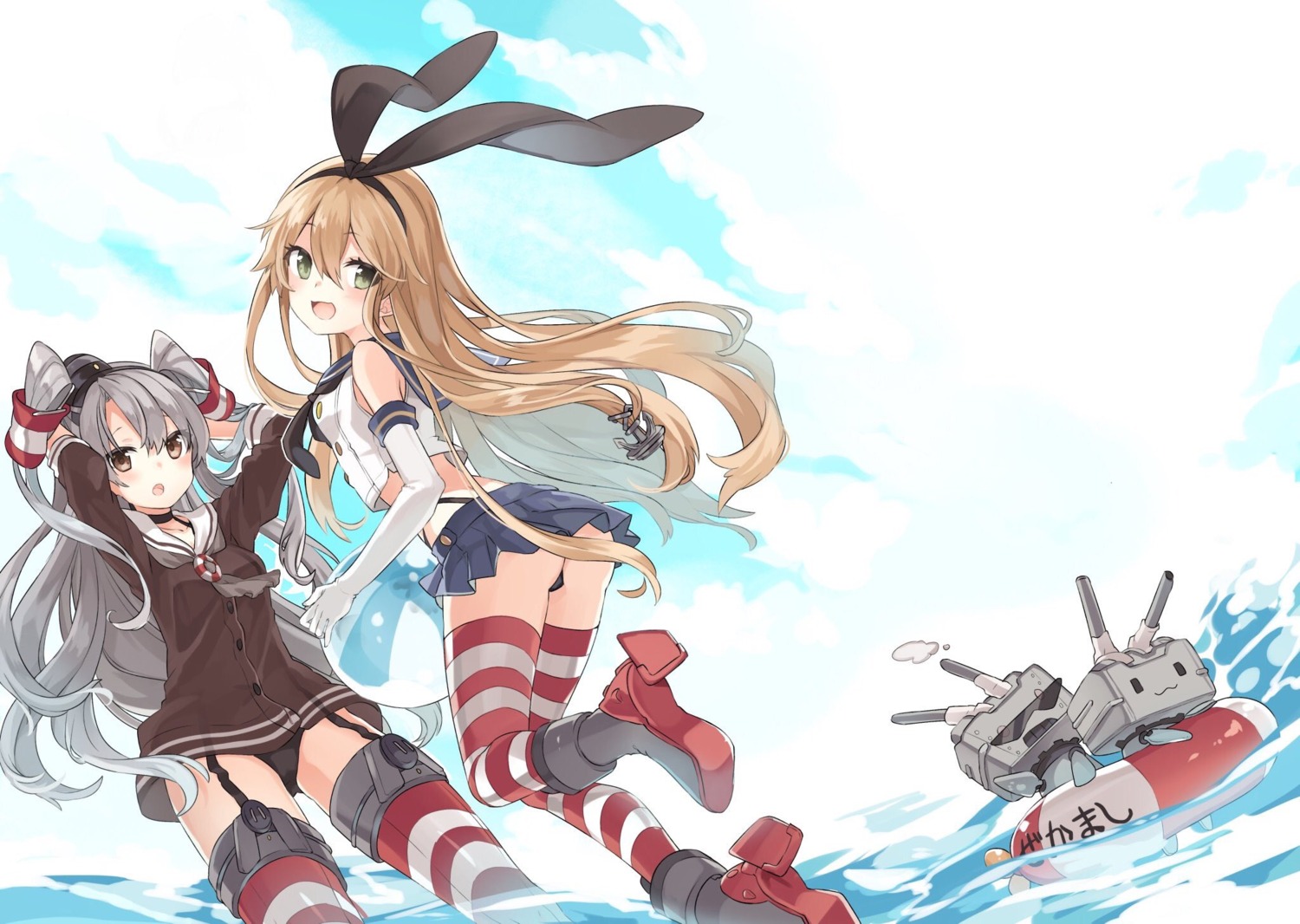 amatsukaze_(kancolle) ass heels k_rough kantai_collection pantsu rensouhou-chan rensouhou-kun seifuku shimakaze_(kancolle) stockings thighhighs thong wet