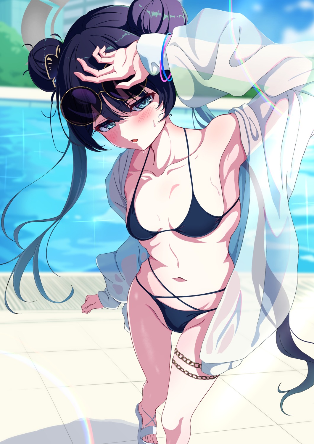 bikini blue_archive garter halo megane open_shirt ryuuge_kisaki see_through swimsuits tarako_(tarakopng)