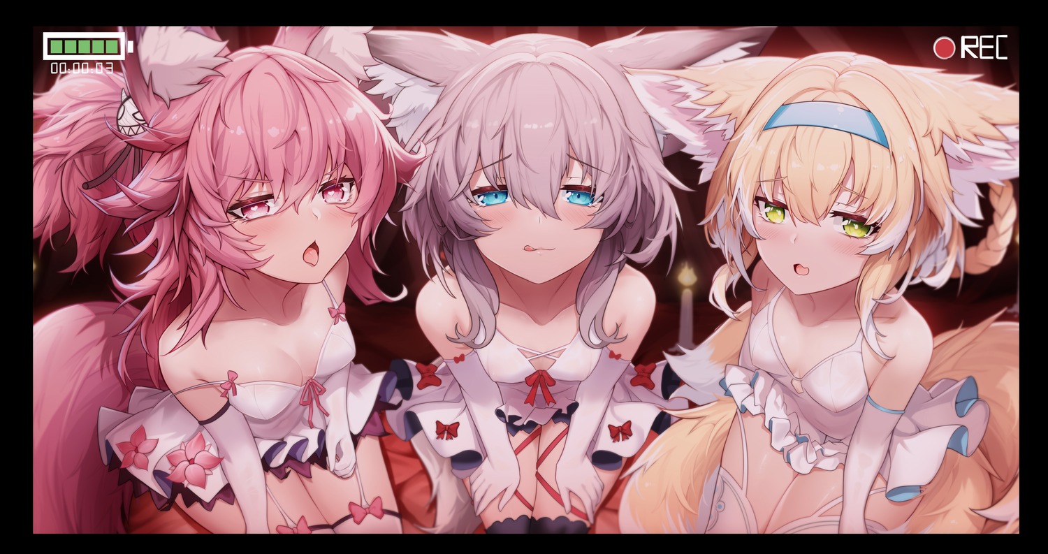 animal_ears arknights ddddecade dress erect_nipples kitsune loli no_bra see_through shamare_(arknights) stockings sussurro_(arknights) suzuran_(arknights) tail thighhighs