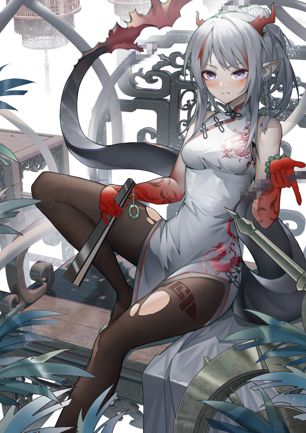 arknights censored chinadress horns jinjide_shaonian nian_(arknights) pantyhose pointy_ears tail tentacles torn_clothes