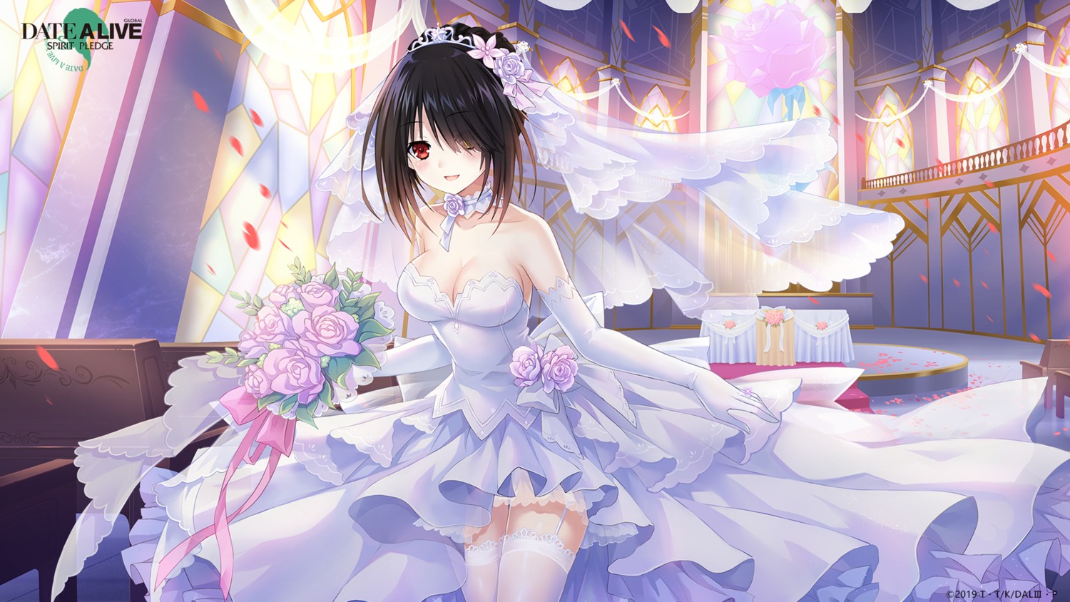 date_a_live dress heterochromia no_bra stockings thighhighs tokisaki_kurumi wallpaper wedding_dress