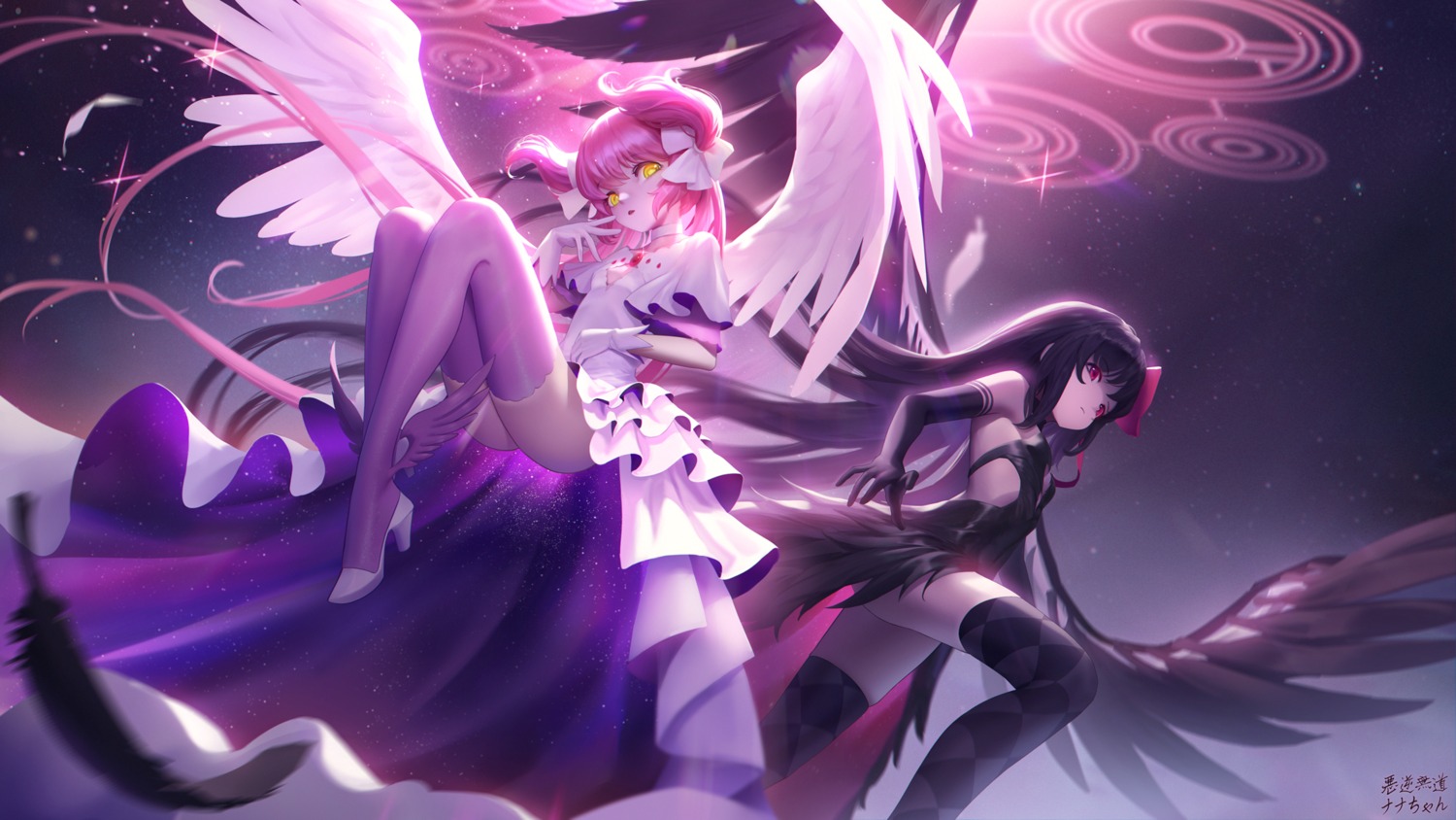 akemi_homura dress heels kaname_madoka mahou_shoujo_madoka_magica sarena thighhighs ultimate_madoka wallpaper wings